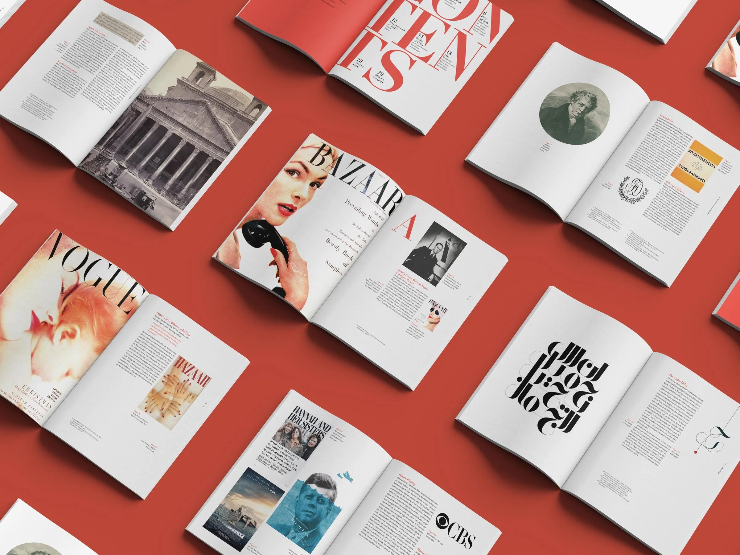 Didot typeface monograph editorial print book design layout diagonal overhead mockup showing multiple open book spreads scattered on a red background, including Vogue, Harper's Bazaar, Pantheon, Arabic lettering, biography, and movie poster chapters.
