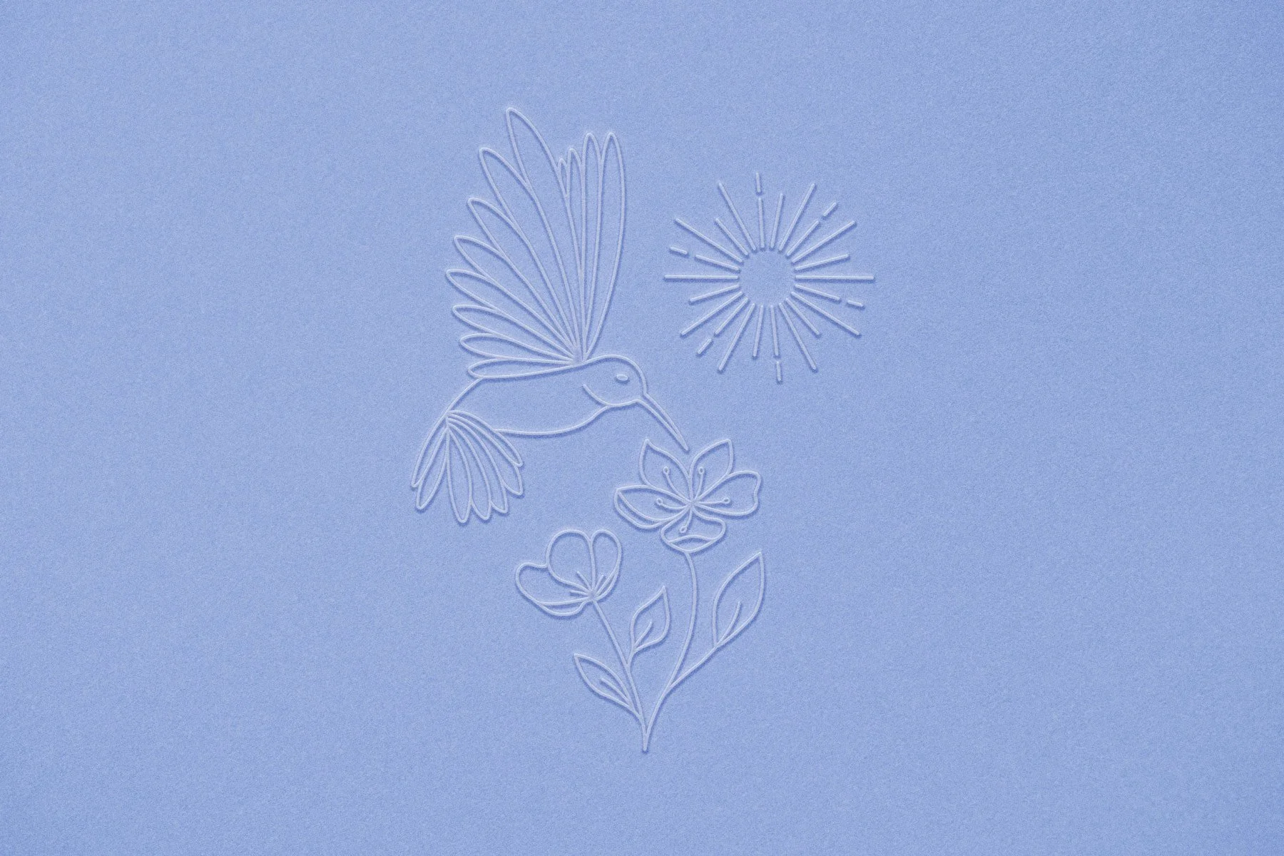 Brianna Cariola photography brand identity hummingbird sun and flower pictorial logo design displayed as a tonal embossed deboss mockup on periwinkle blue textured paper.