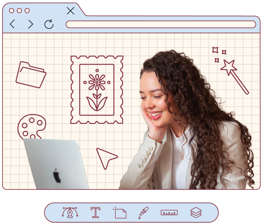 Yasmine Design Co. – graphic designer brand and web design illustrated browser mockup featuring Yasmine smiling at her MacBook, surrounded by whimsical creative artboard icons and design tools