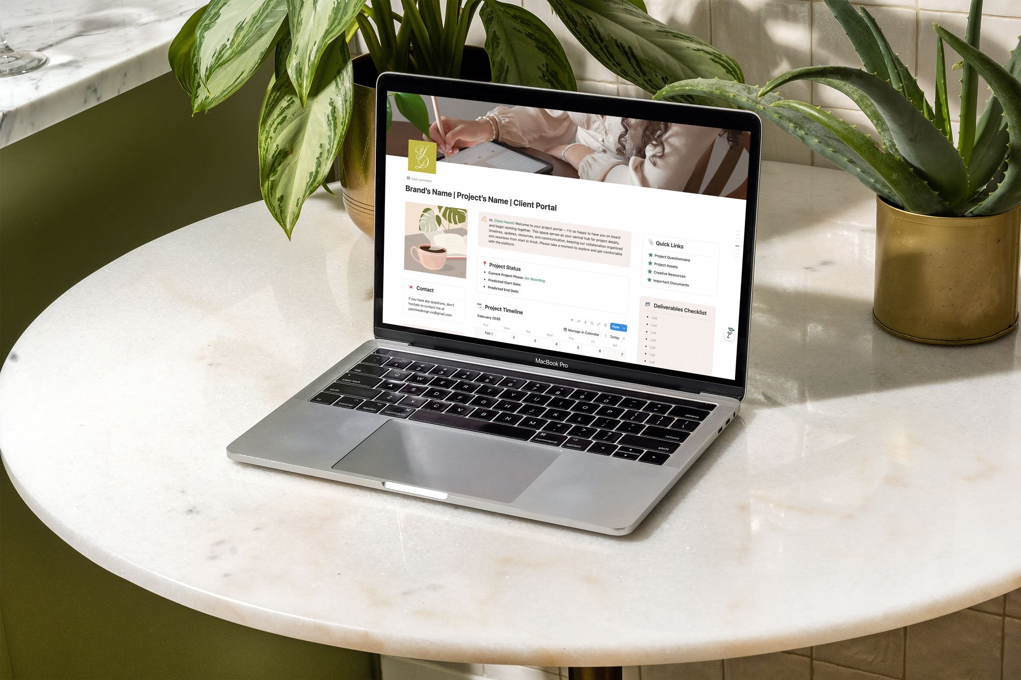 Yasmine Design Co. – Notion client portal template mockup displayed on a MacBook Pro, showing a branded project management dashboard with timeline, project status, and deliverables checklist