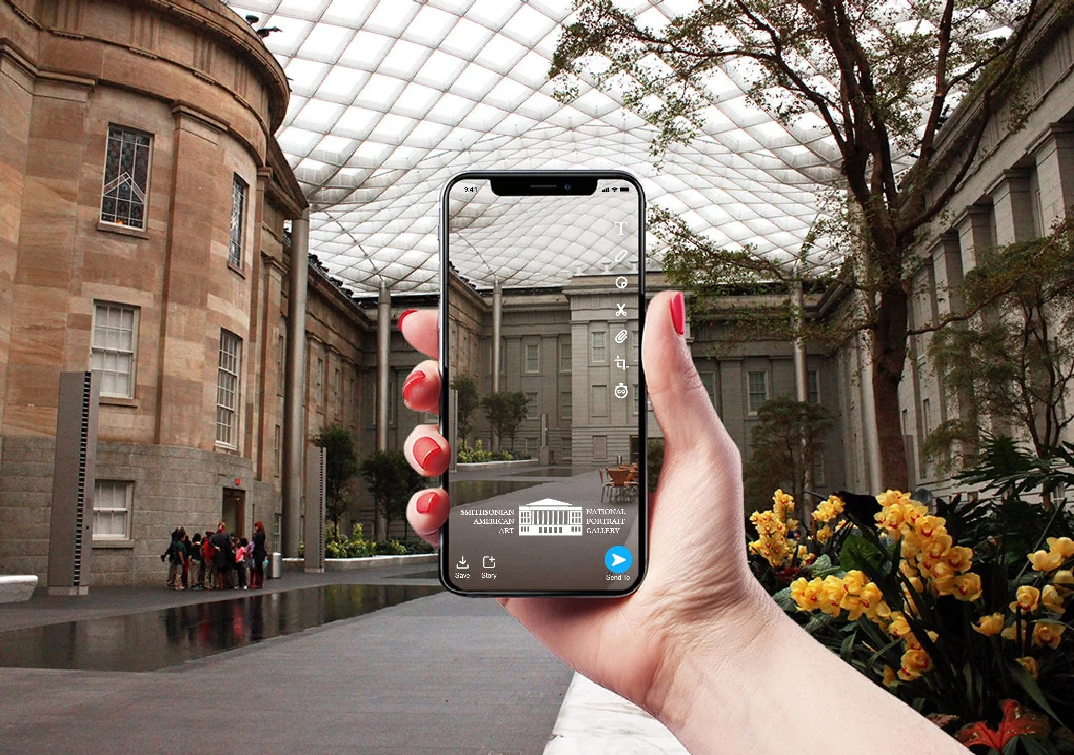 Yasmine Design Co. – Smithsonian National Portrait Gallery and American Art Museum Snapchat geofilter design displayed on a phone mockup held up inside the Kogod Courtyard