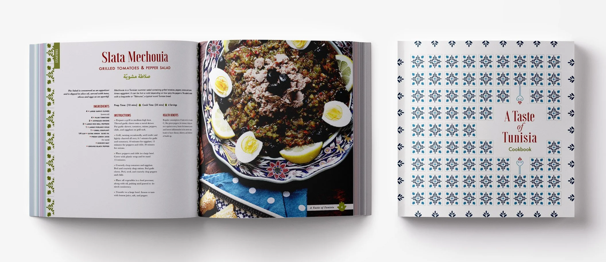 Yasmine Design Co. – A Taste of Tunisia cookbook design featuring an open editorial recipe spread and a decorative tile-pattern book cover with Arabic typography.