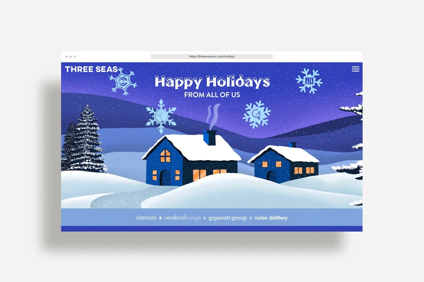 Yasmine Design Co. – Three Seas 2023 holiday website desktop mockup featuring an illustrated winter landscape with snowflake brand icons for Cleancuts, Cerebral Lounge, Gigawatt Group, and Noise Distillery.