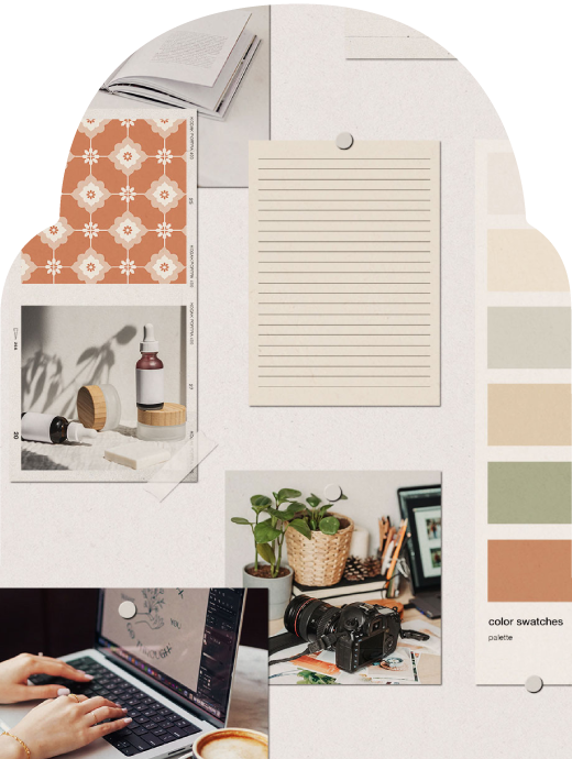 Yasmine Design Co. – Graphic Designer for hire showcasing behind the scenes work process in a printed moodboard with photography, color palette swatches, pattern tiles, and brand mockups.