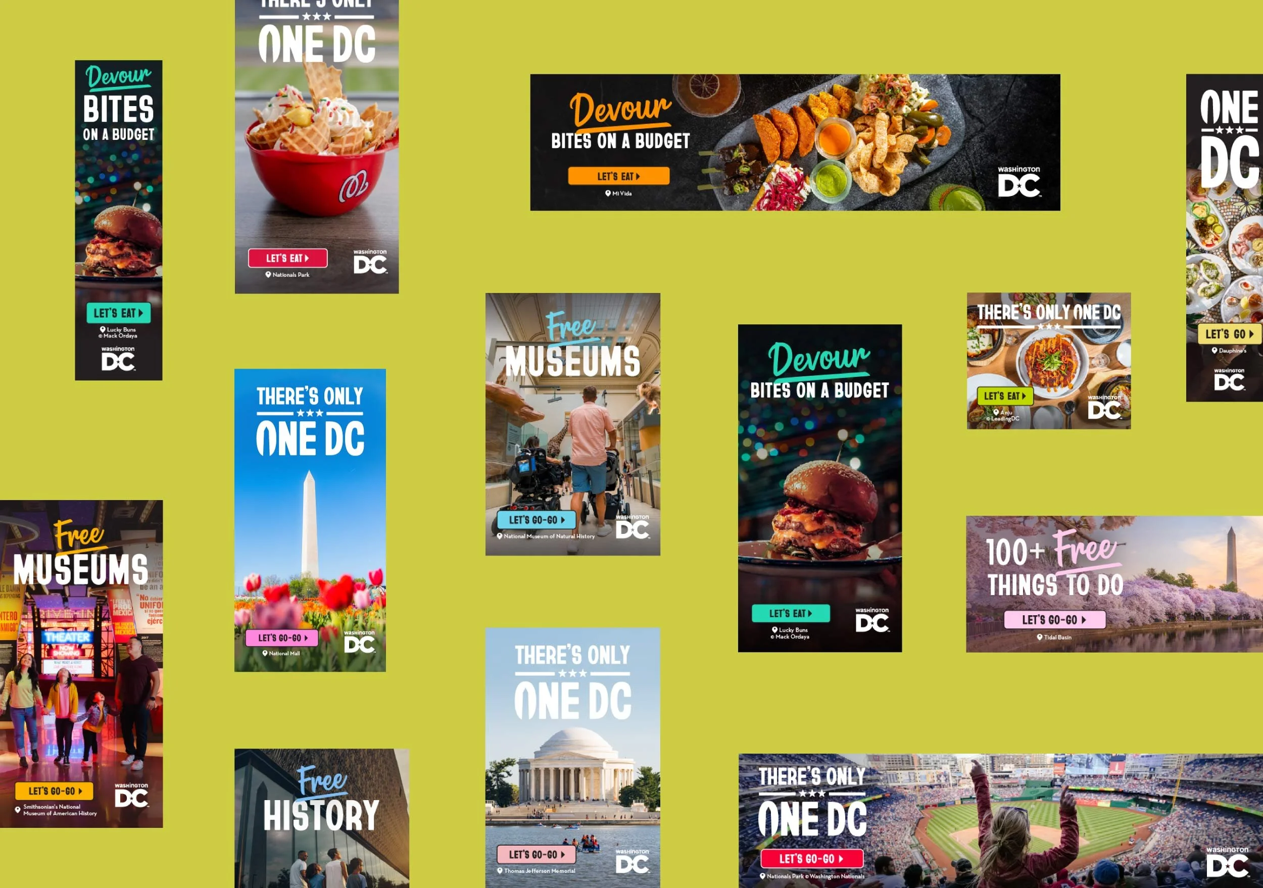 Destination DC digital display banner ads for suburban dwellers and modest travelers, featuring "Devour Bites on a Budget," "Free Museums," and "Free History" messaging across multiple dimensions.
