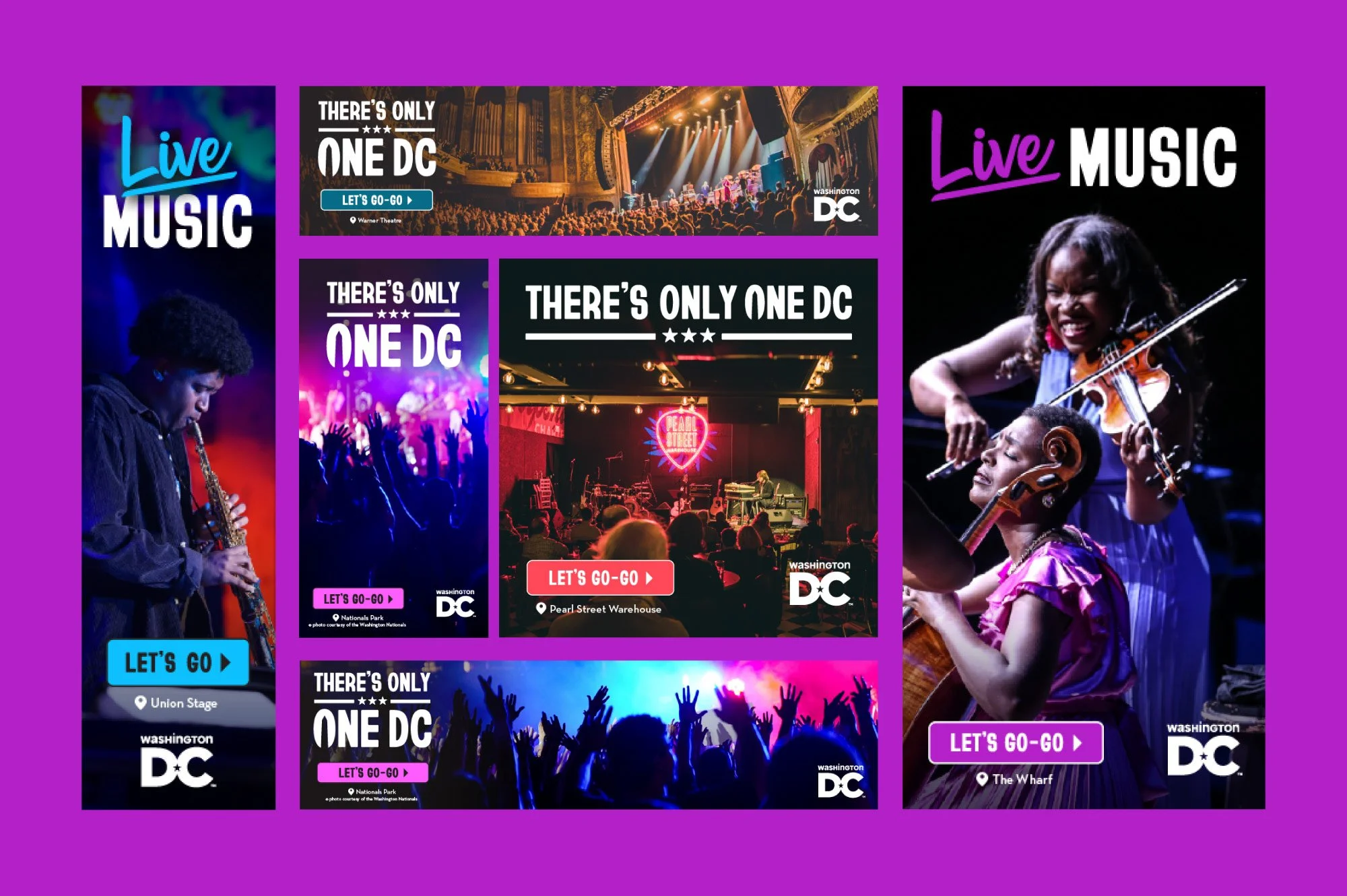 Destination DC digital display banner ads for the music and Black travelers audience in vibrant purple, featuring "Live Music" and "There's Only One DC" messaging with photography from Warner Theatre and The Wharf.