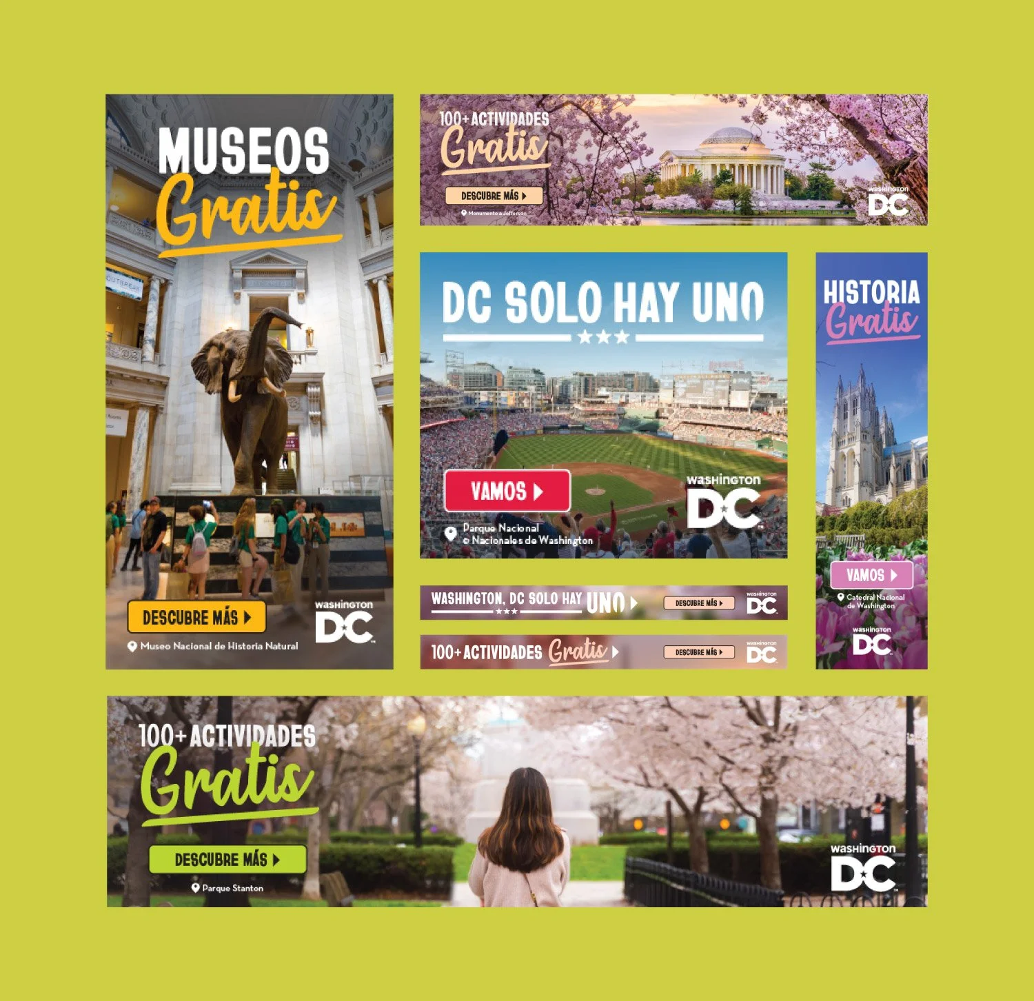 Destination DC Spanish-language digital display banner ads for Hispanic travelers featuring "DC Solo Hay Uno," "Museos Gratis," and "Historia Gratis" messaging across multiple dimensions with DC landmark photography.