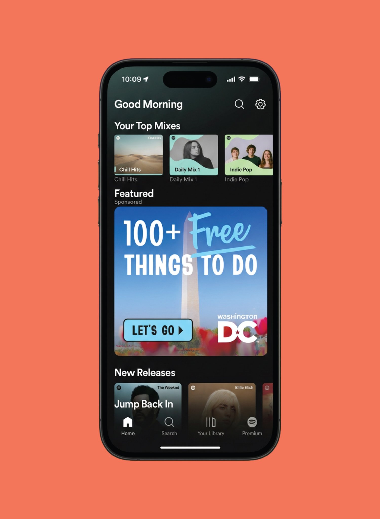 Destination DC Spotify digital display ad mockup on iPhone featuring "100+ Free Things To Do" messaging with Washington Monument photography and a "Let's Go" CTA button.