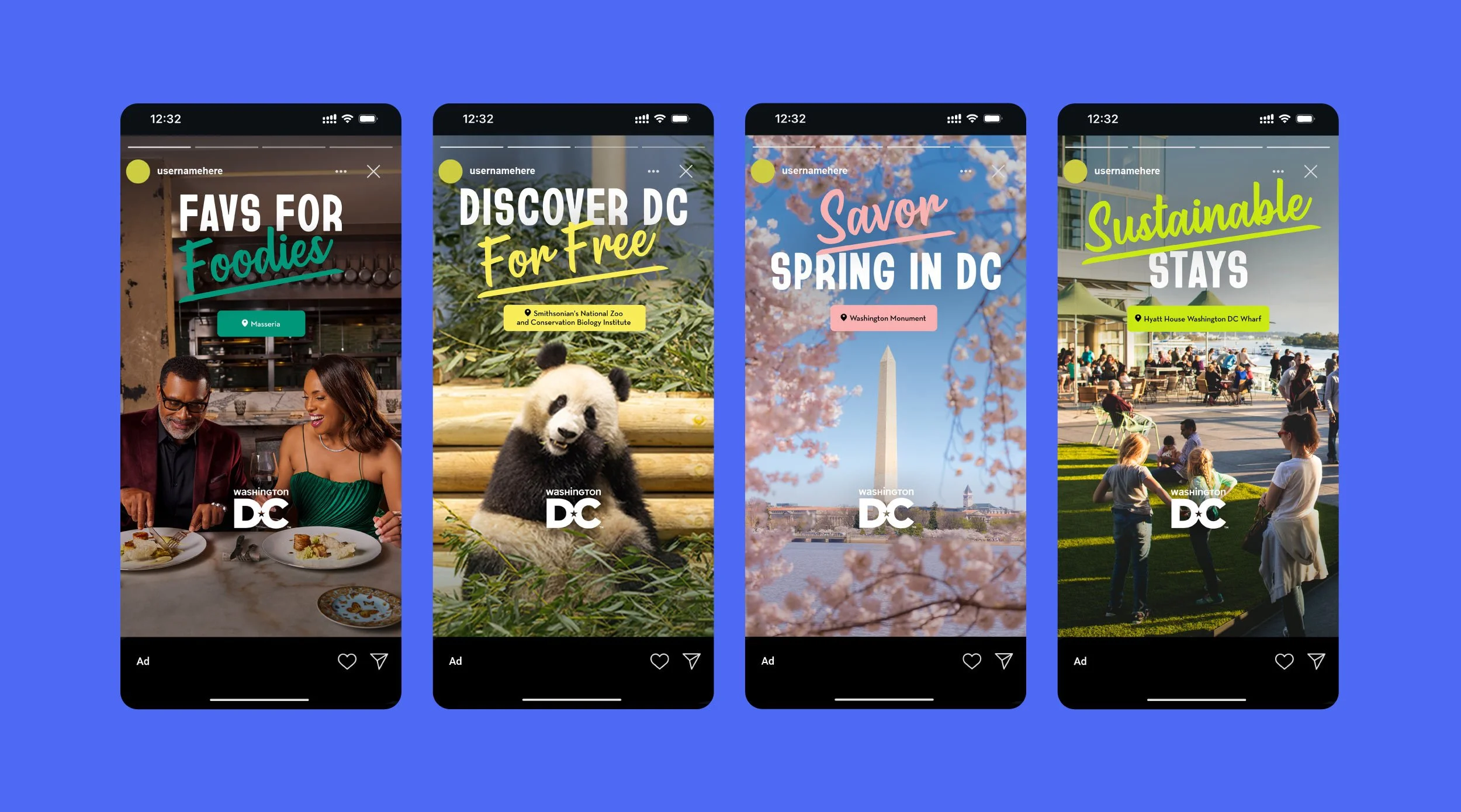 Destination DC Meta vertical Instagram story ads for the spring campaign shown on four iPhones, featuring "Favs for Foodies," "Savor Spring in DC," and "Sustainable Stays" messaging with DC photography.