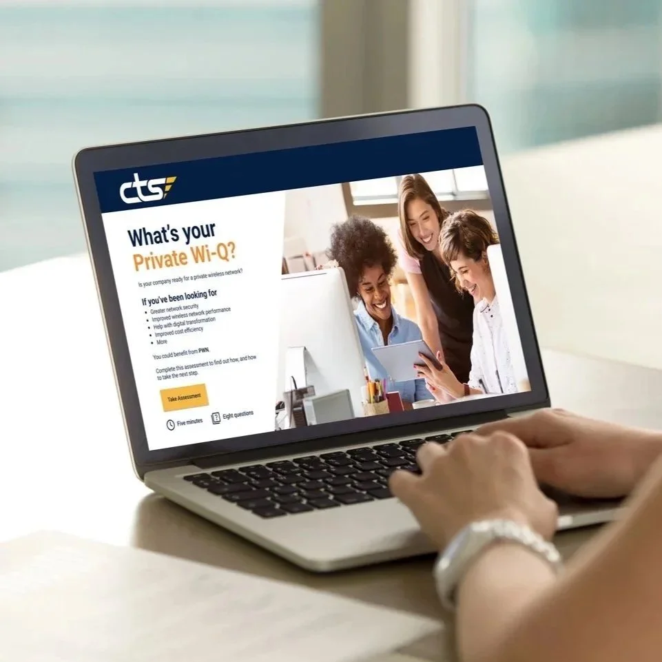 CTS Private Wi-Q assessment landing page displayed on a laptop screen, featuring a headline 'What's your Private Wi-Q?' with a call-to-action button and benefits list for private wireless networks.