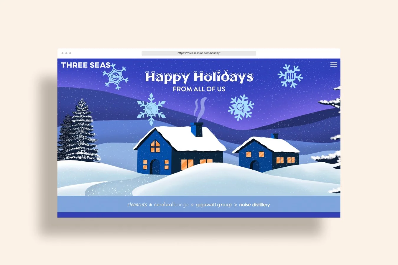 Three Seas 2023 holiday website desktop mockup featuring an illustrated winter night scene with snow-covered cottages and the greeting 'Happy Holidays From All of Us,' showcasing partner brands.