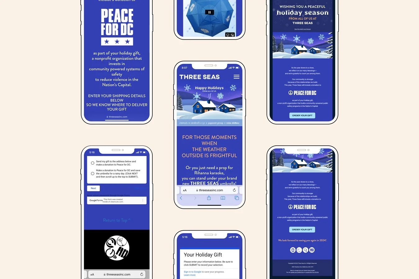 Three Seas 2023 holiday campaign multi-device mockup showing mobile website, email newsletter, and Google Form gift selection flow, featuring a branded umbrella holiday gift offer and Peace for DC nonprofit donation initiative.