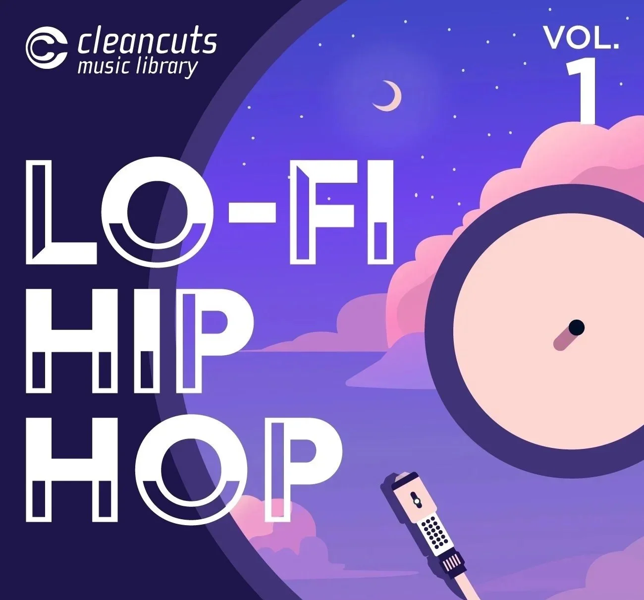 Cleancuts Music Library Lo-Fi Hip Hop Volume 1 album cover art illustration featuring a vinyl record with a turntable needle against a dreamy purple and pink night sky with clouds and a crescent moon.