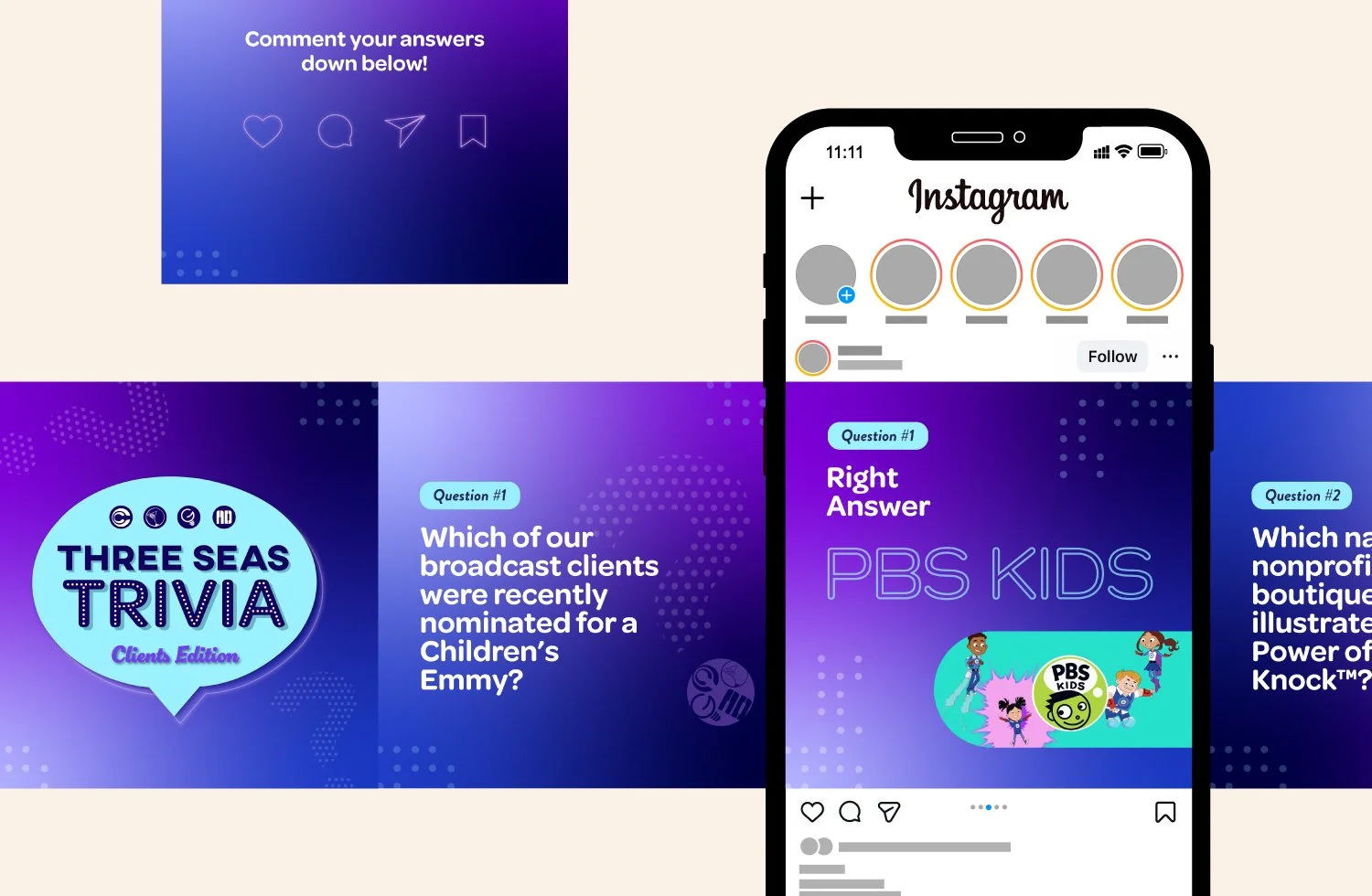 Three Seas Trivia Clients Edition Instagram carousel social media post mockup displayed on a smartphone, featuring a purple and blue gradient design with trivia questions about broadcast clients including PBS Kids Children's Emmy nomination.