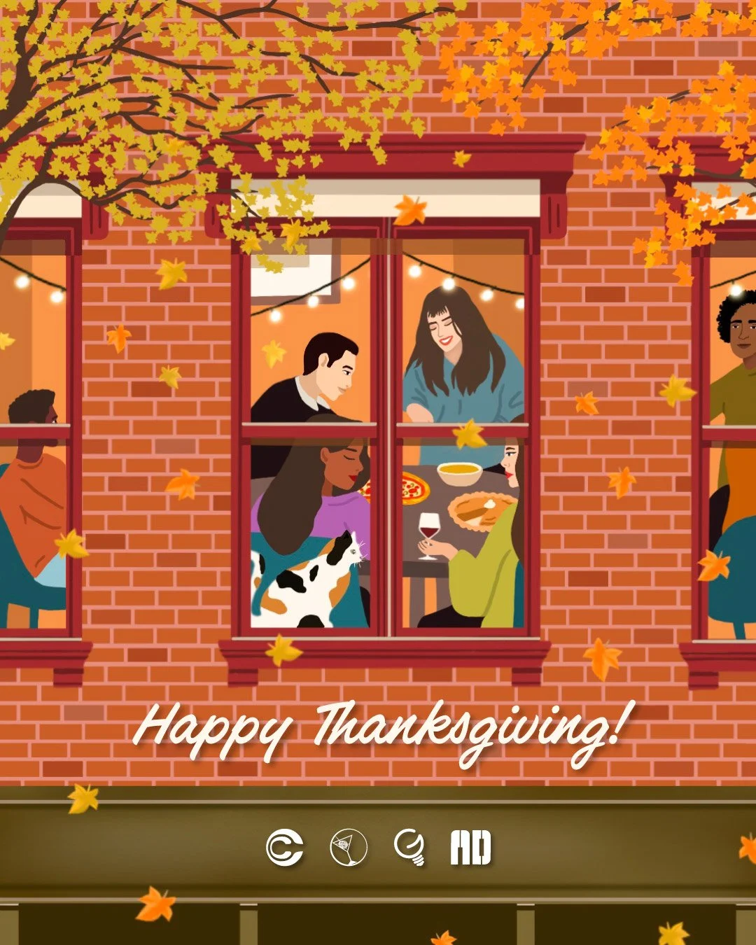 Happy Thanksgiving digital illustration showing a diverse group of friends and a cat gathered for a fall holiday dinner inside a warmly lit brick building, with autumn maple leaves falling outside and string lights glowing in the windows.