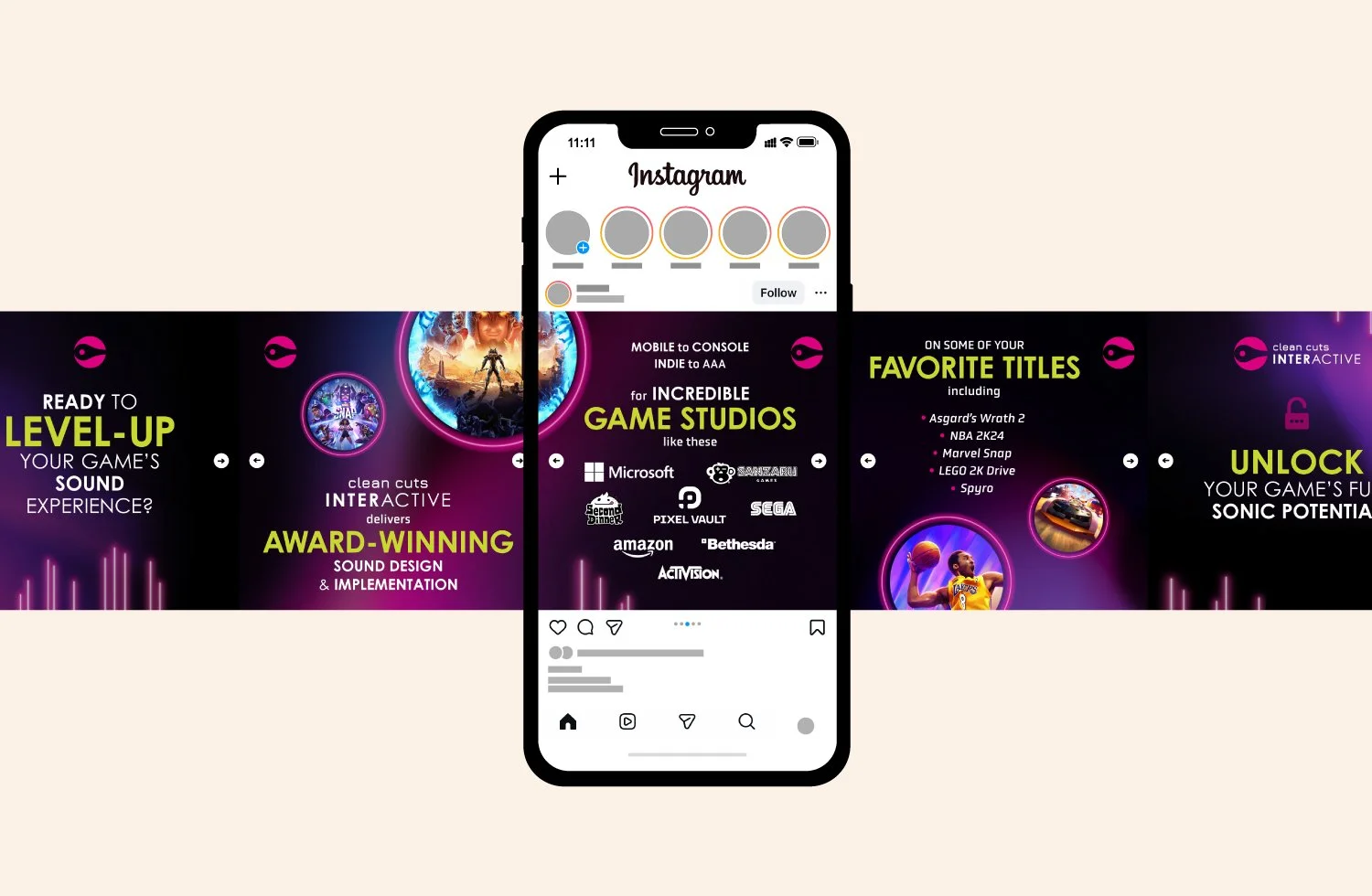 Clean Cuts Interactive social media Instagram carousel mockup displayed on a smartphone, promoting award-winning game sound design and implementation for studios including Microsoft, Sega, Bethesda, Amazon, and Activision.