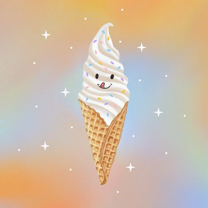 Cute kawaii soft serve vanilla ice cream cone illustration with colorful sprinkles and a smiley face on a pastel gradient peach and blue background with sparkle stars.