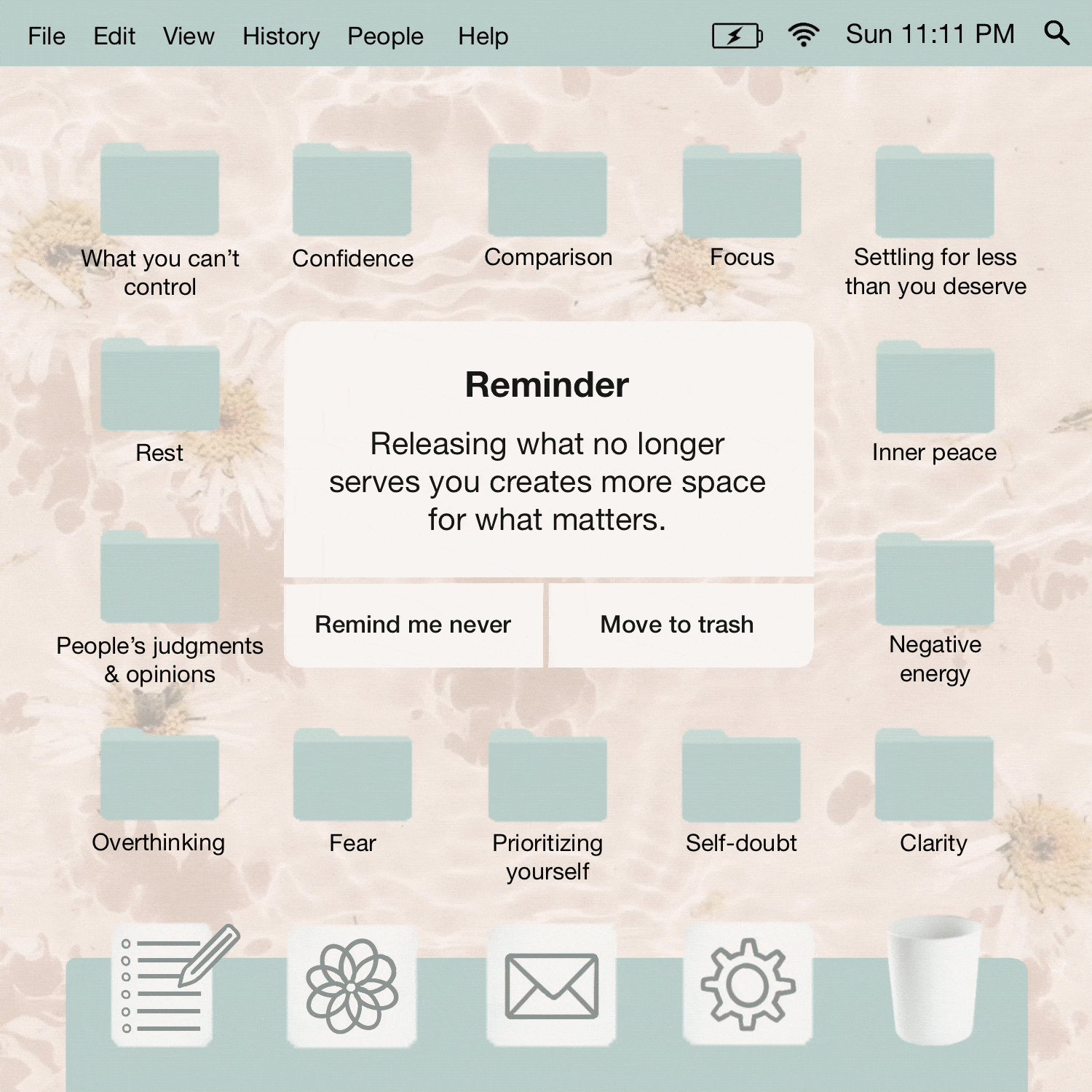 Motivational digital desktop wallpaper design featuring teal macOS-style folders labeled with things to release including overthinking, fear, self-doubt, and negative energy, with a pop-up reminder.