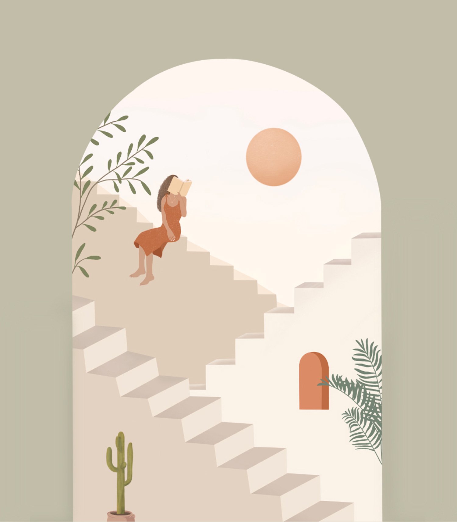 Motivational boho art print illustration of a woman in a terracotta dress reading a book while seated on white Mediterranean-style outdoor stairs inside an arched doorway under a warm sunset sky.