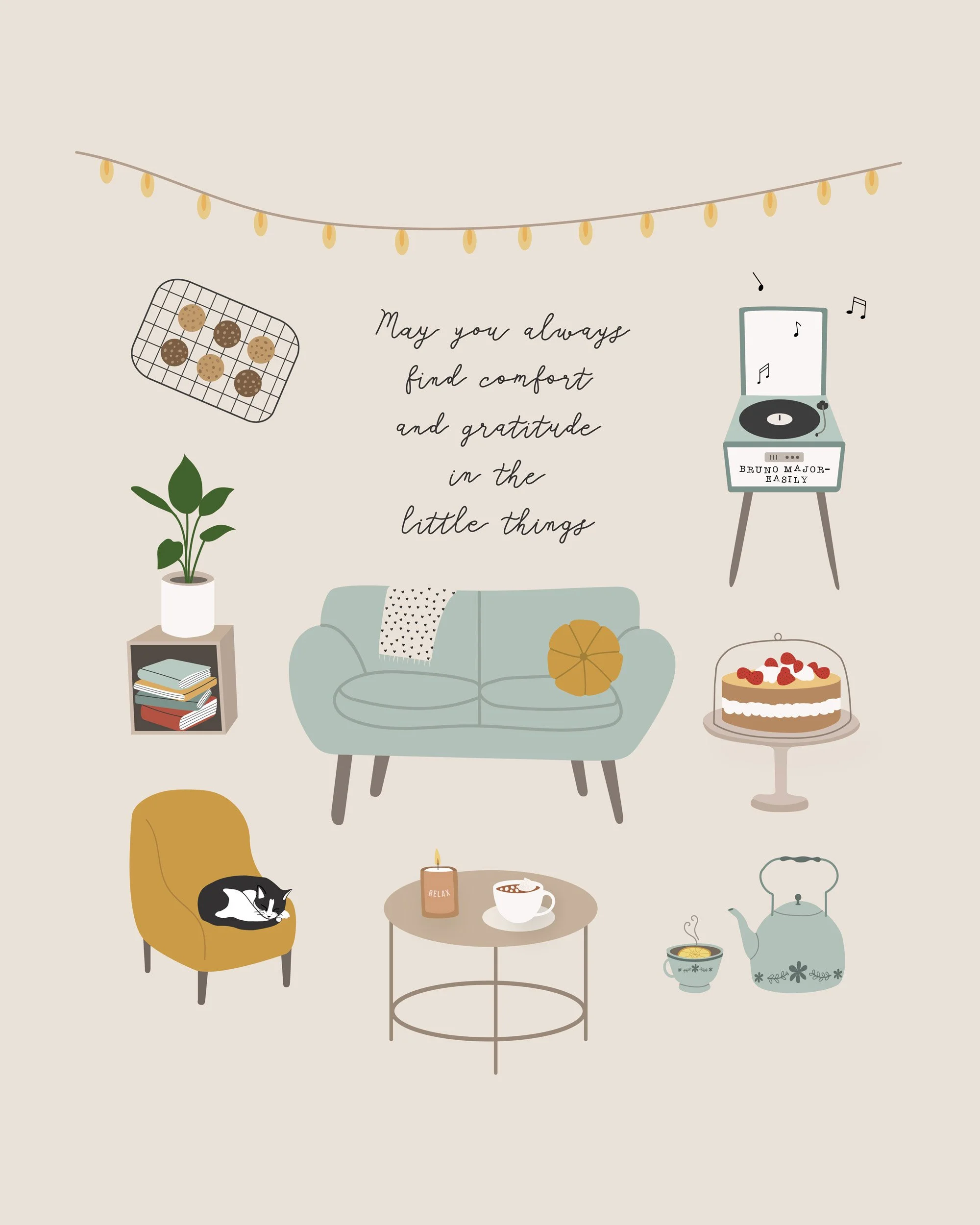 Cozy home gratitude illustration art print featuring a mid-century modern living room scene with a sleeping cat in a mustard armchair, and the quote 'May you always find comfort and gratitude in the little things’.