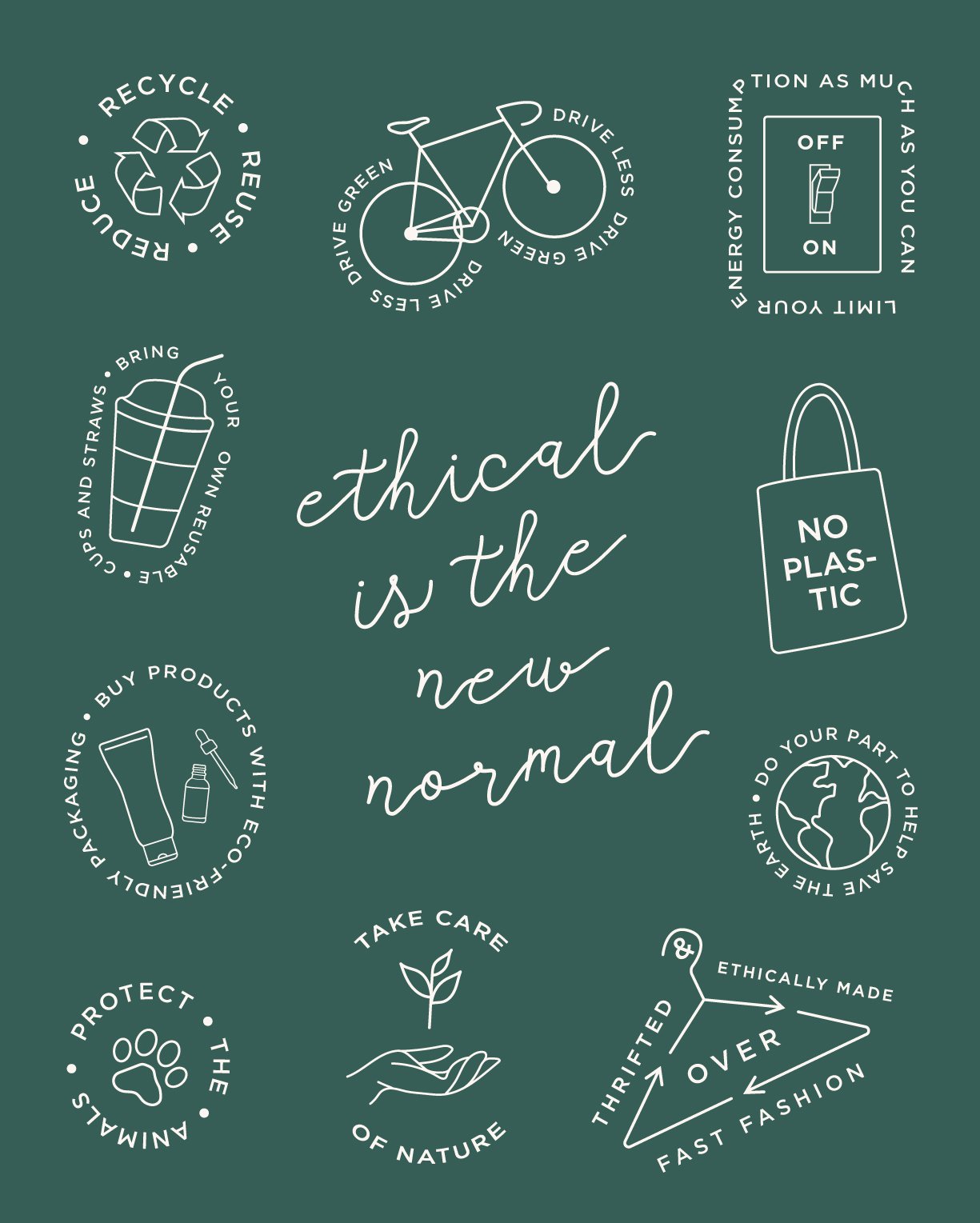 Ethical is the new normal sustainability illustration poster featuring white fine-line badge icons on a dark green background promoting eco-friendly habits like recycling and thrifting.