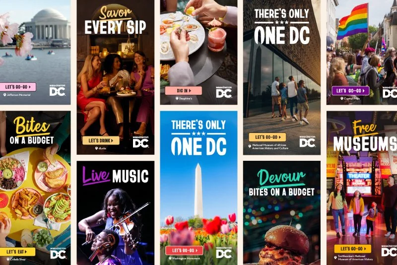 Yasmine Design Co. – Washington DC tourism digital display ad campaign mockup titled “There's Only One DC”, featuring a spring season vertical layout grid with ads for Bites on a Budget, Live Music, and Free Museums.