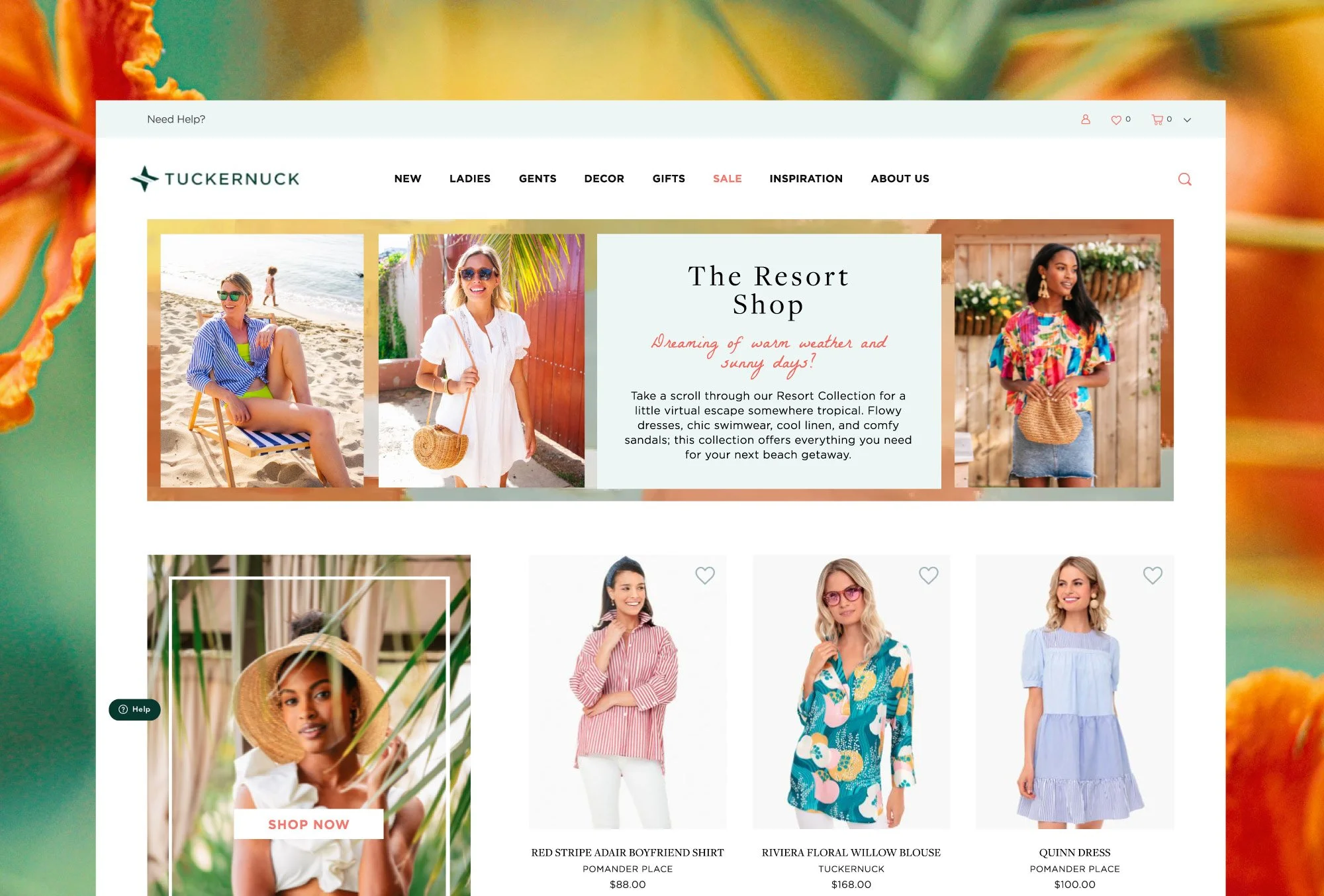 Yasmine Design Co. – Tuckernuck fashion and apparel e-commerce website mockup featuring a Resort Shop landing page design with summer dresses, swimwear, and vacation-ready styles.