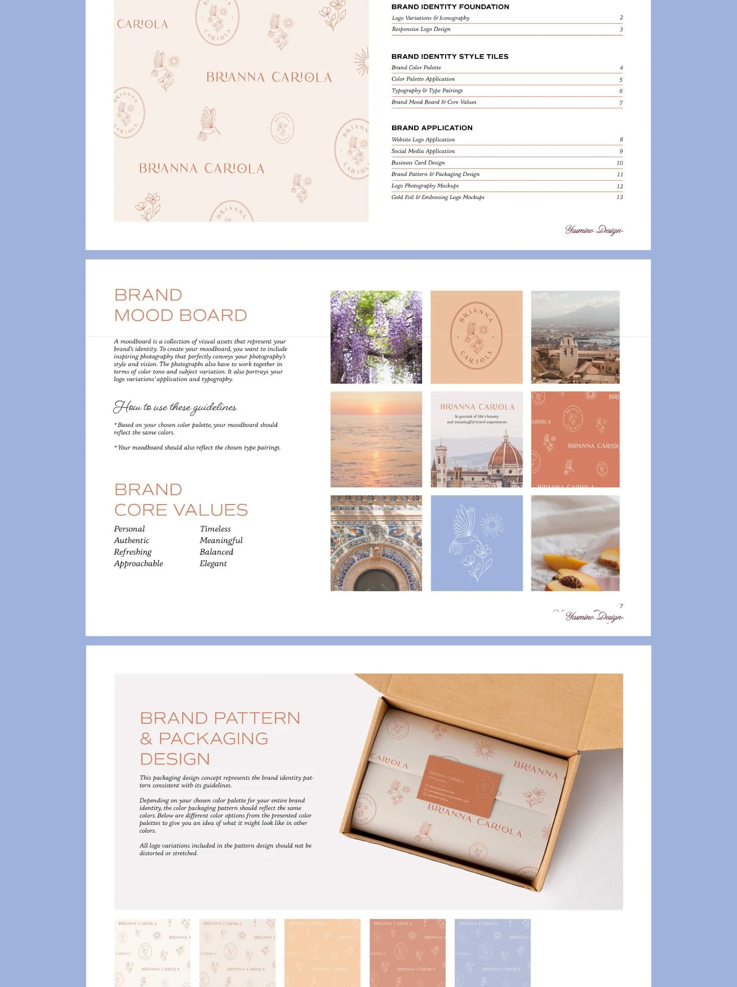 Yasmine Design Co. – Brianna Cariola brand identity design guideline presentation deck featuring logo variations, brand mood board, core values, color palette, typography, and brand pattern packaging design mockup.