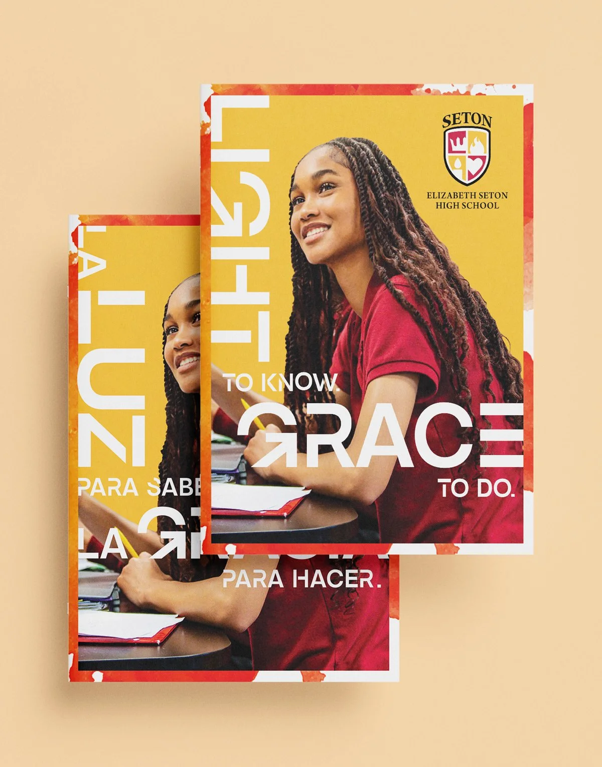 Two brochures for Elizabeth Seton High School featuring a smiling girl with braided hair in a red uniform, with the school's crest and yellow background.