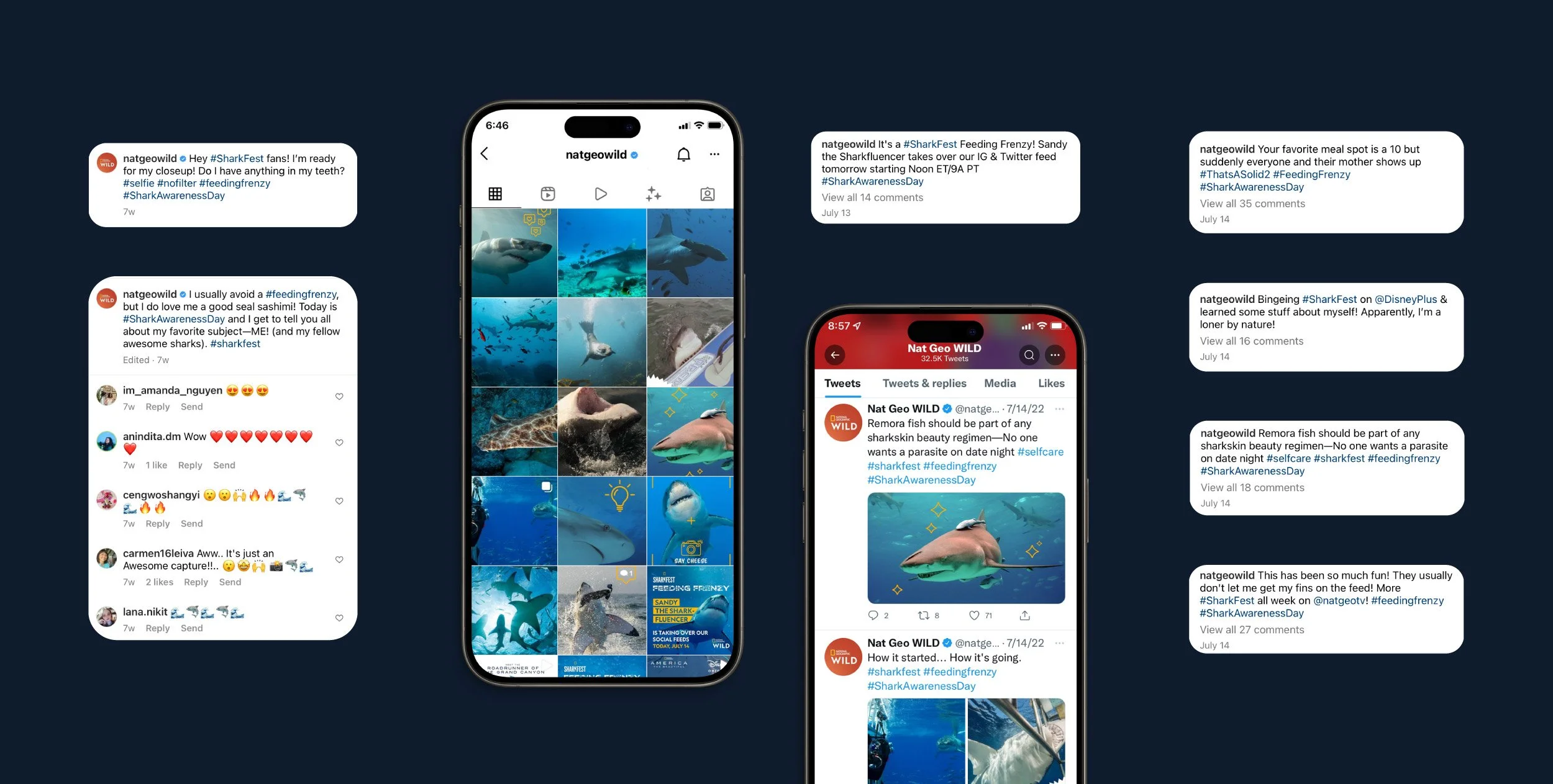 National Geographic Wild SharkFest Feeding Frenzy social media campaign engagement results mockup showing the natgeowild Instagram grid feed and X feed with real audience comments and reactions to the Sandy the Sharkfluencer social media takeover.