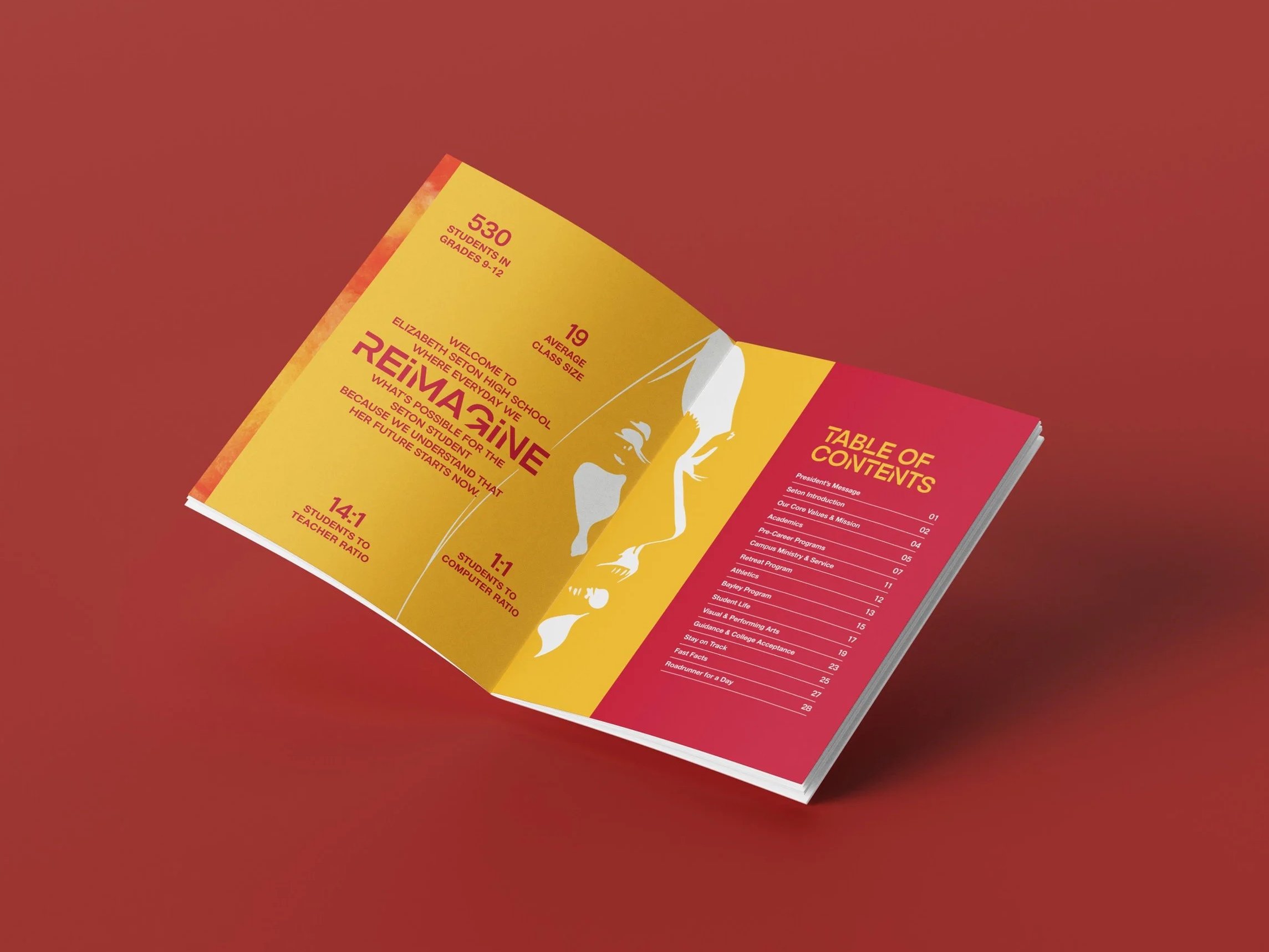 Yasmine Design Co. – Elizabeth Seton High School lookbook design featuring a floating table of contents spread with the illustration of a female facial profile, vibrant red and yellow color, watercolor textures, and bold, modern typography.
