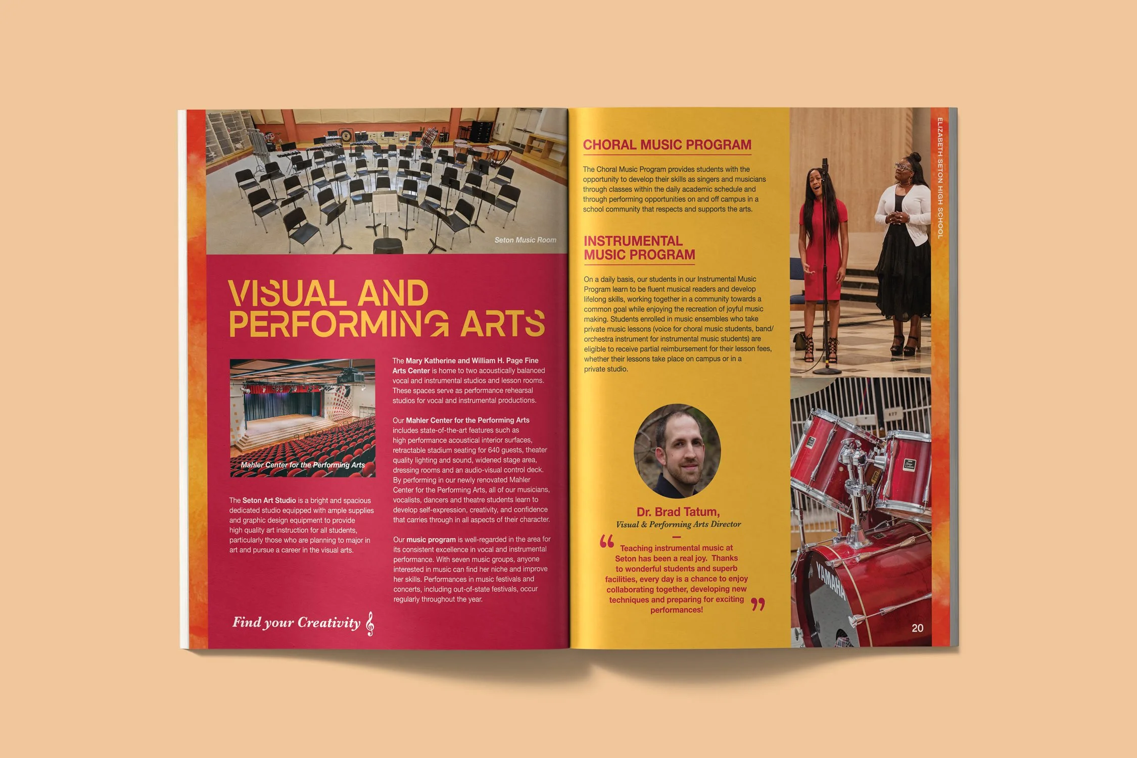 Yasmine Design Co. – Elizabeth Seton High School academic programs lookbook spread featuring visual and performing arts with editorial layout design, vibrant red and yellow color, watercolor textures, and bold, modern typography.