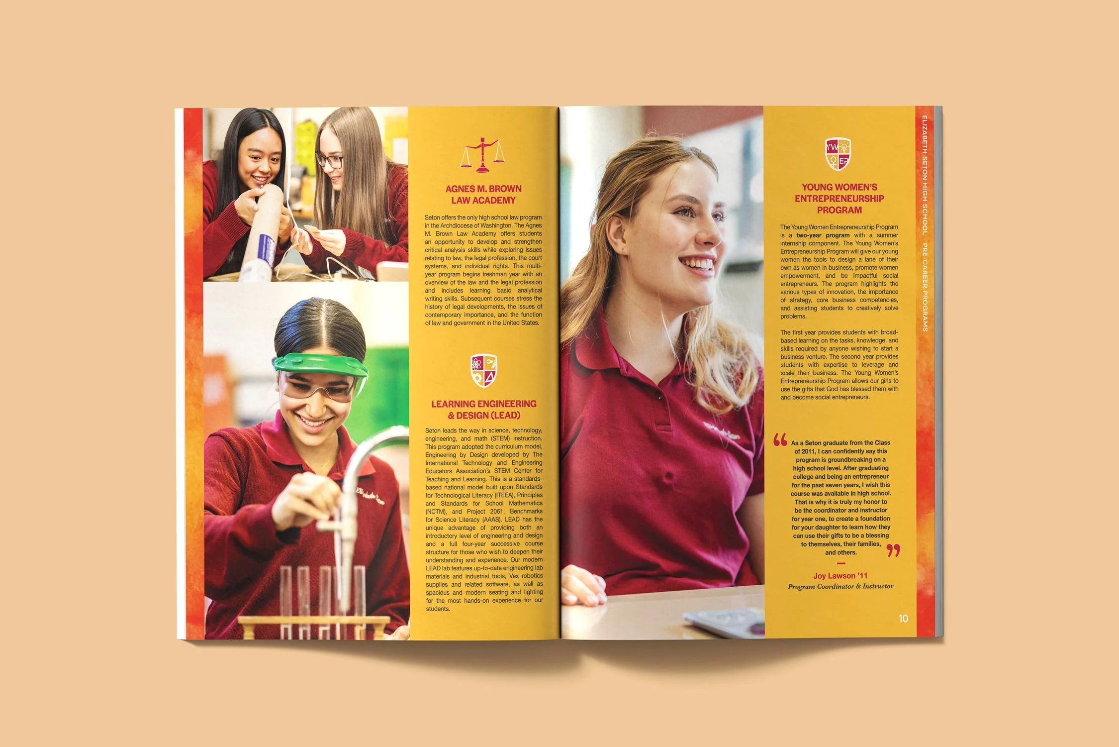 Open magazine featuring images of young women engaged in science activities and information about various educational programs and leadership in law, engineering, and entrepreneurship.