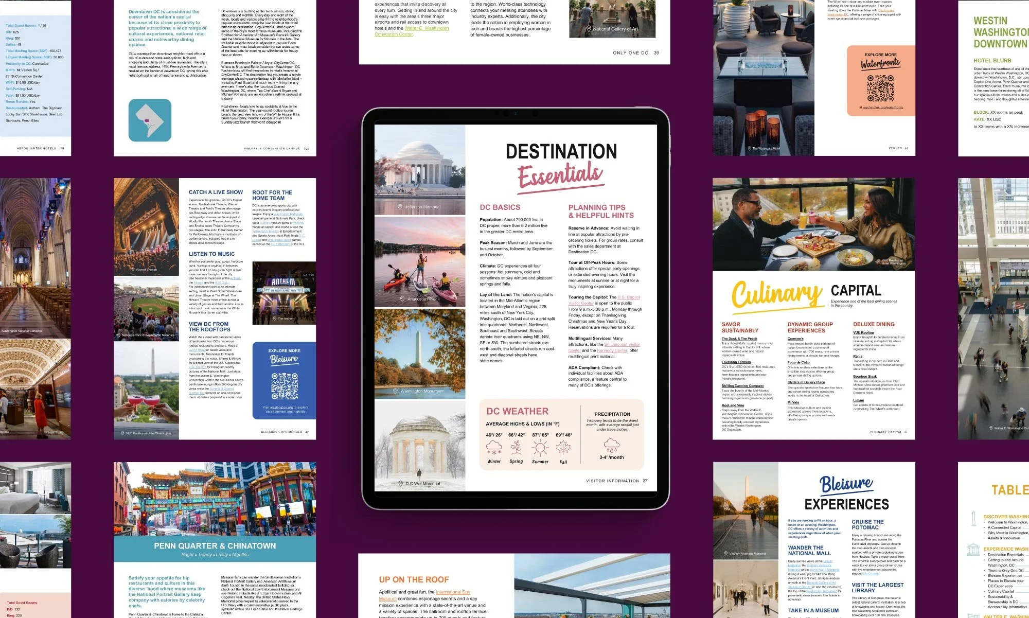 Destination DC Bid Book presentation design multiple slide layouts displayed on an iPad mockup, including Destination Essentials, Culinary Capital, and Bleisure Experiences pages.