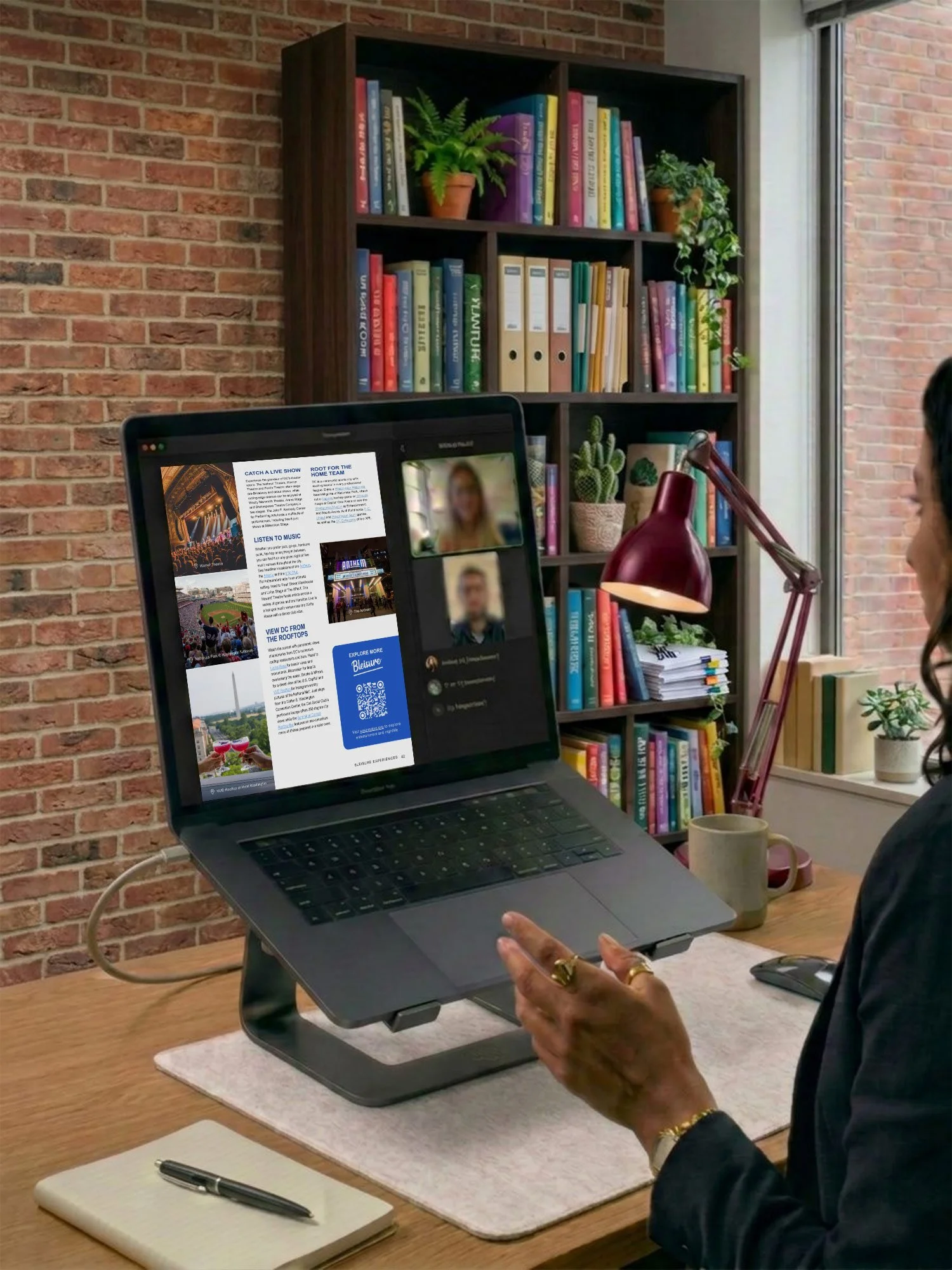 Woman sitting in office desk presenting a Bid Book PowerPoint presentation design displayed on a MacBook during a remote video call meeting, showing the Bleisure Experiences slide.