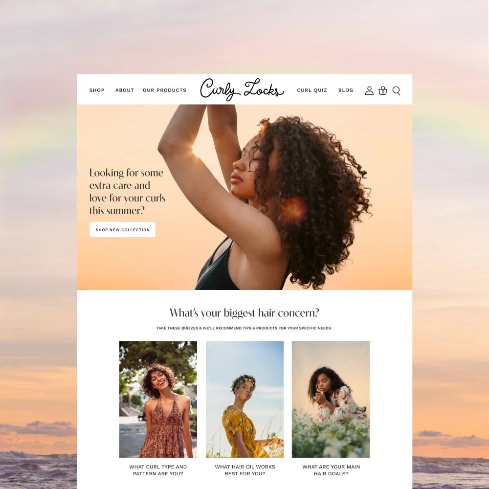 Curly Locks hair care brand website hero section with a woman showcasing natural curly hair against a sunset backdrop, featuring shop navigation and a 'What's your biggest hair concern?' quiz section.