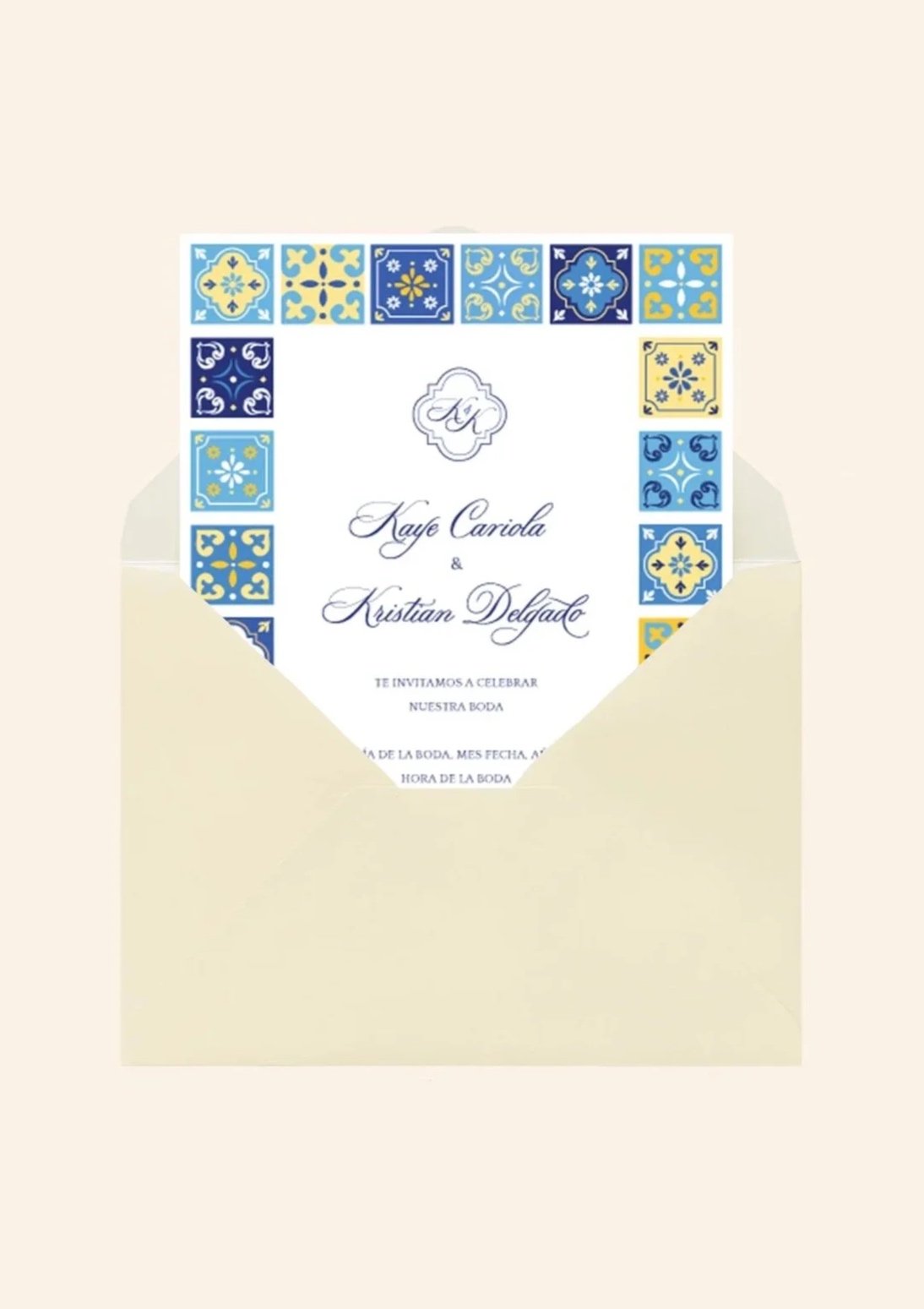 Sevilla-inspired Spanish tile wedding invitation design for a client, featuring a colorful blue and yellow azulejo tile mosaic border with calligraphy script, shown tucked inside a cream envelope mockup.