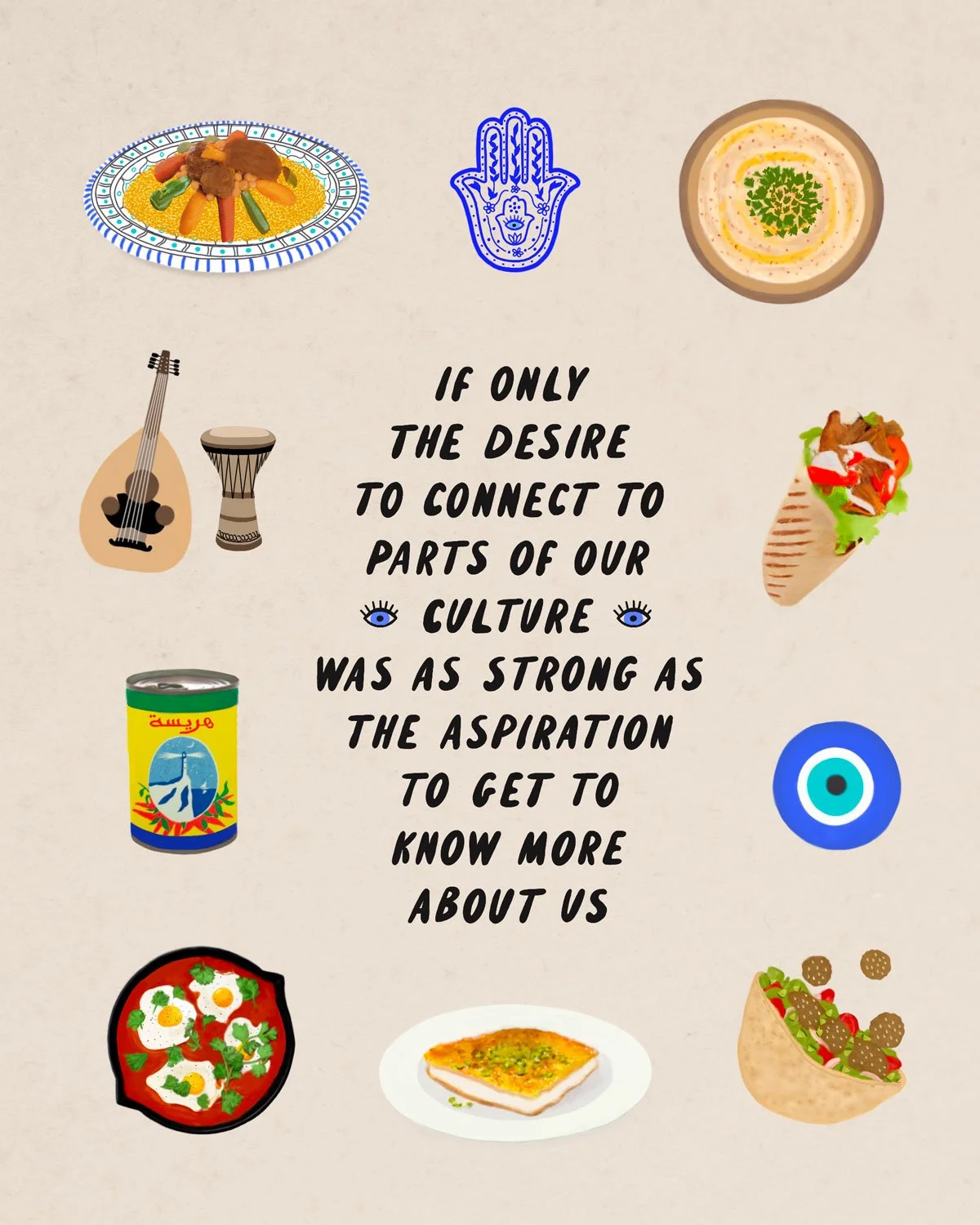Arab culture celebration illustration art print featuring food and music icons including couscous, hummus, harissa, shawarma, falafel, oud, djembe drum, Hamsa hand, evil eye, and a central quote about the desire to connect to Arab cultural heritage.