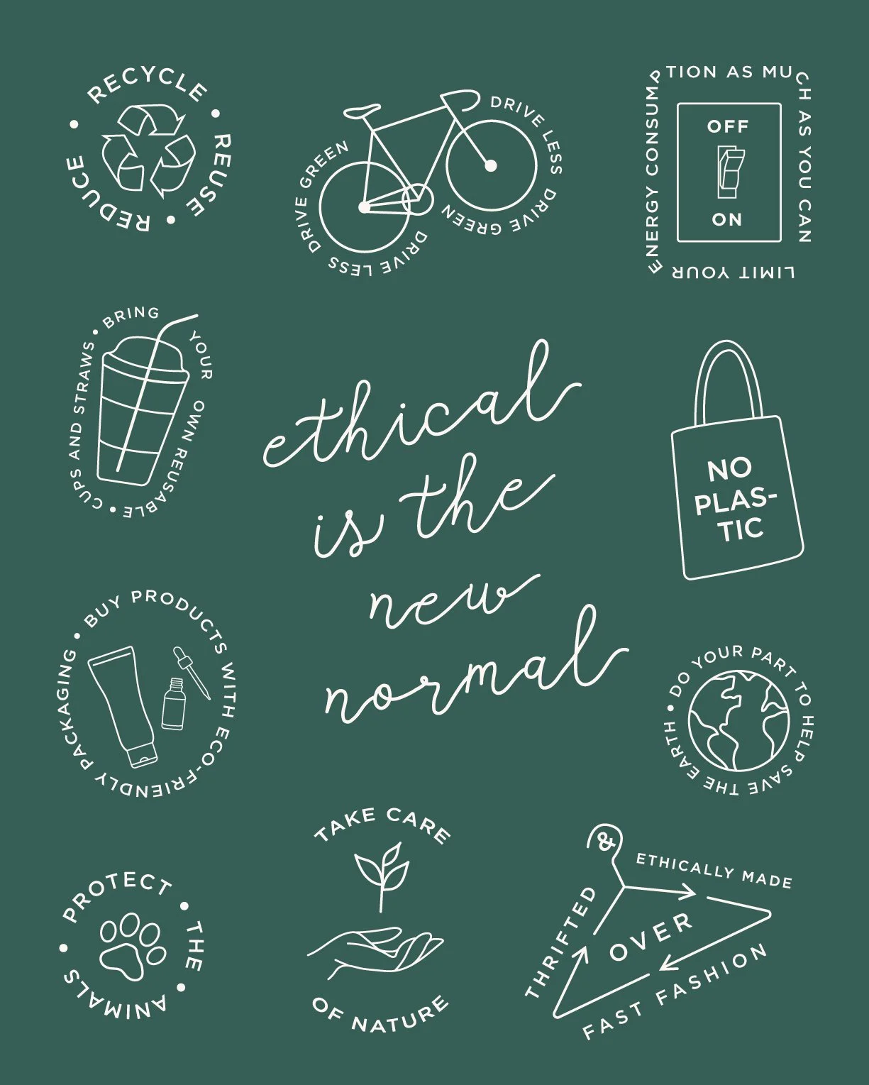 Ethical is the new normal sustainability illustration poster featuring white fine-line badge icons on a dark green background promoting eco-friendly habits like recycling and thrifting.
