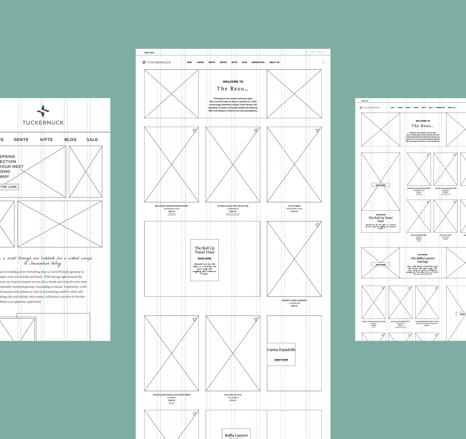 UX wireframes for Tuckernuck's Resort Shop landing page showing desktop and mobile layout blueprints with product card grids, navigation bar, hero section, and featured item callouts on a teal background.