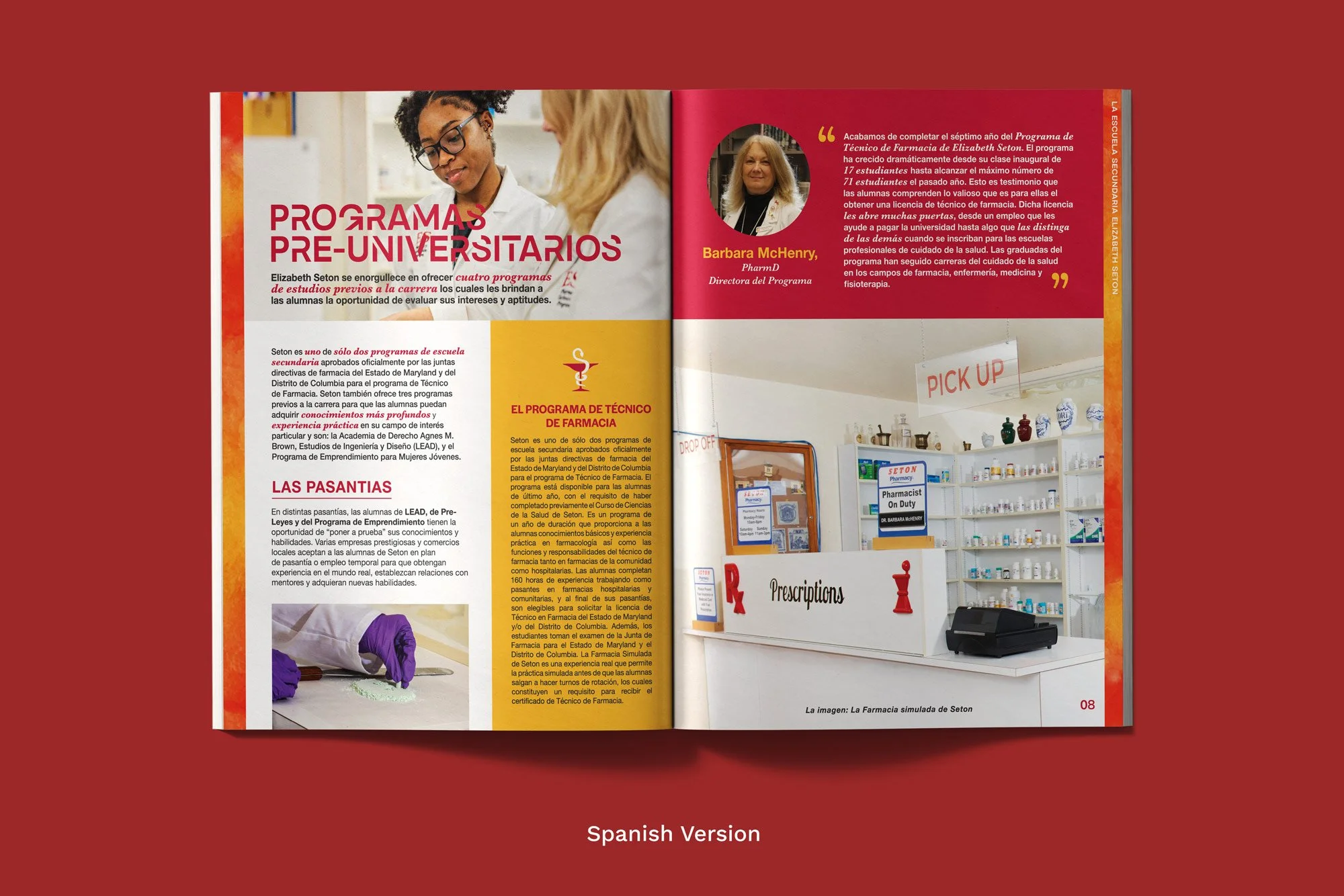 Yasmine Design Co. – Double page d'une brochure sur les programmes académiques de l'école Elizabeth Seton High School (version espagnole), présentant les formations de technicien en pharmacie.