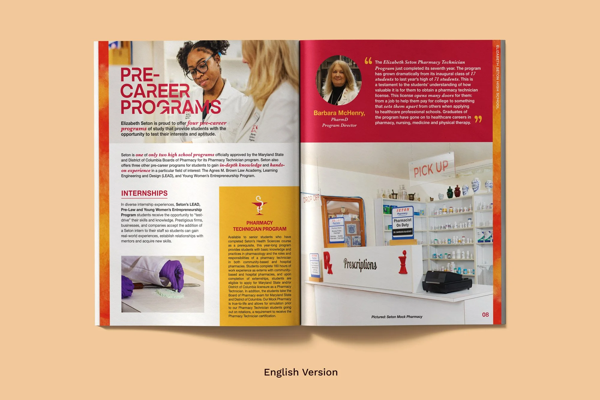 Yasmine Design Co. – Double page d'une brochure sur les programmes académiques de l'école Elizabeth Seton High School (version anglaise), présentant les formations de technicien en pharmacie.