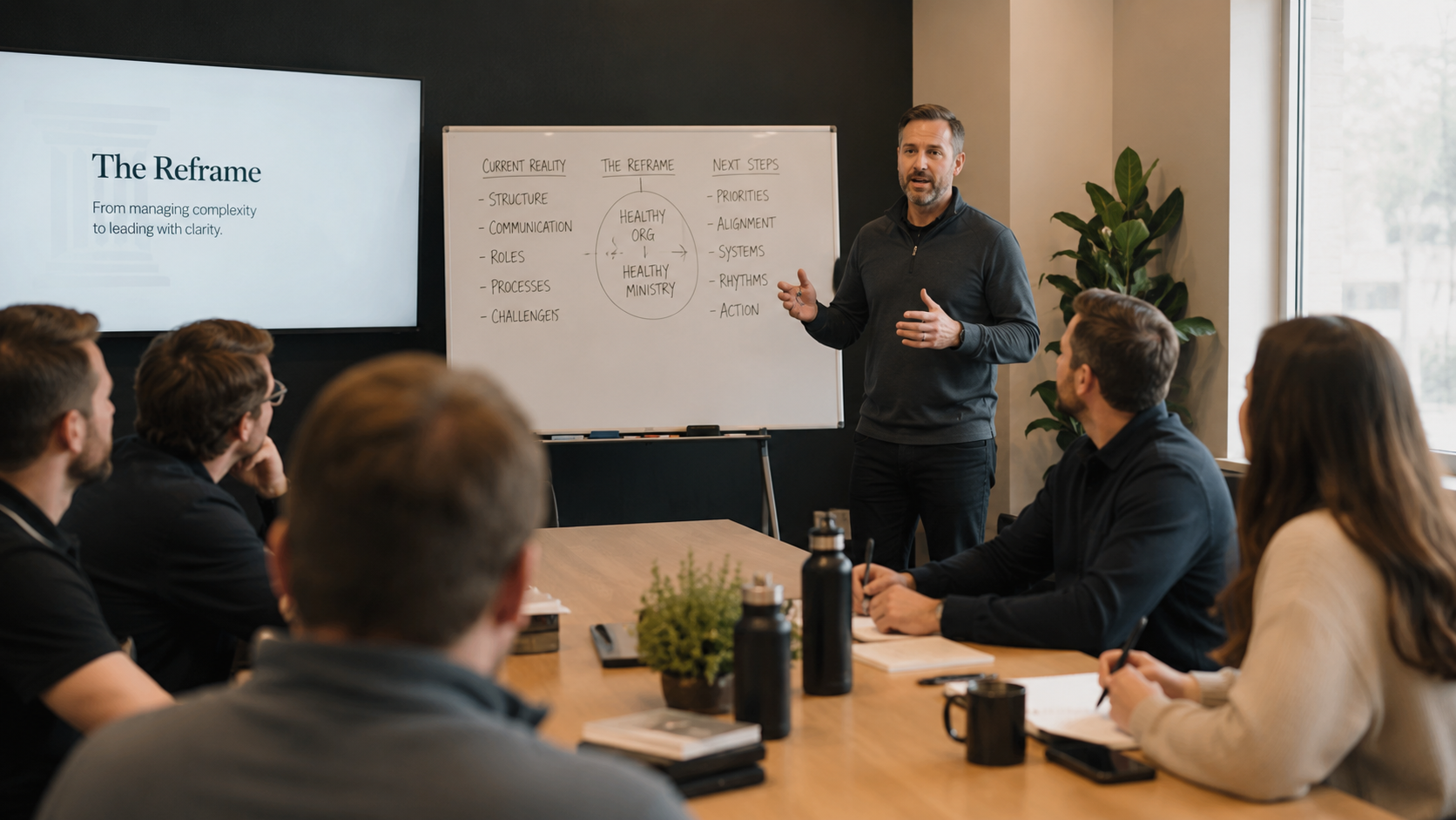 Man giving a presentation to a group of people in a conference room with a whiteboard and a screen displaying 'The Reframe' presentation slide.