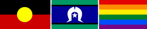 Three flags: Indigenous Australia, Torres Strait Islander, and LGBTQ+ pride flag, displayed side by side.