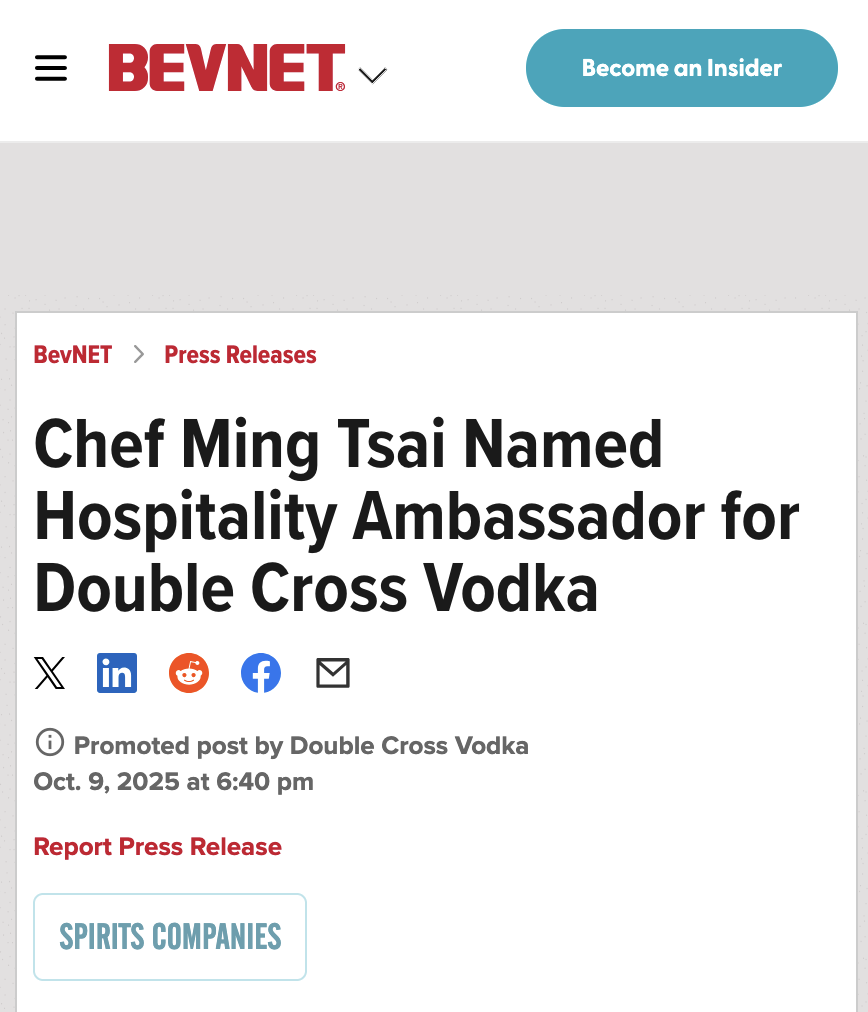 Chef Ming Tsai Named Hospitality Ambassador for Double Cross Vodka