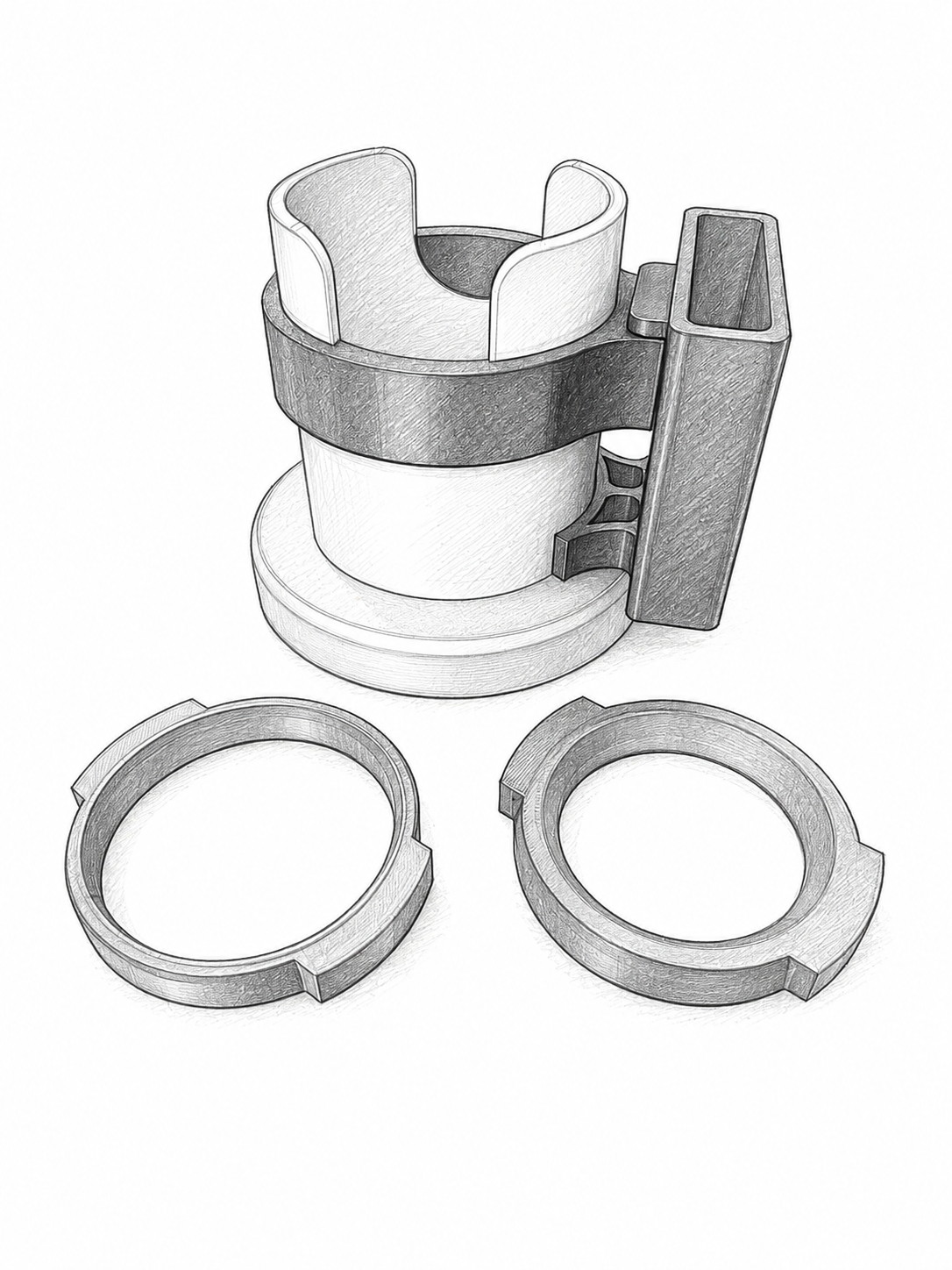 Mechanical device with two circular rings and a central cylindrical component, possibly part of a machine assembly or mechanical system.