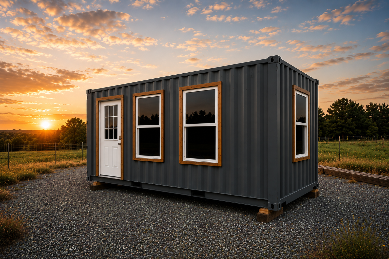 A black shipping container with a white door and three windows, set on wooden blocks in a grassy field at sunset.