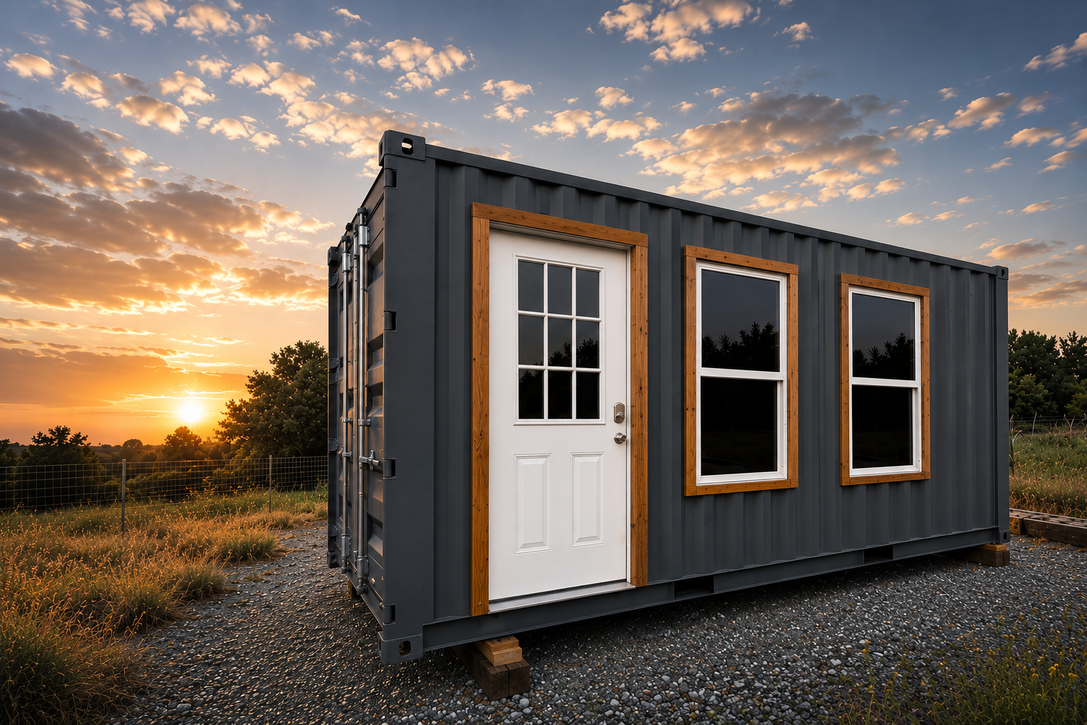 A tiny house made from a shipping container with three windows and a white door at sunset.