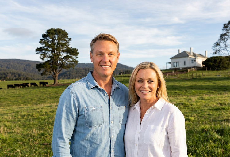 A smiling couple standing on a farm with green grass, trees, cows in the background, and a white house on a hill under a blue sky.
