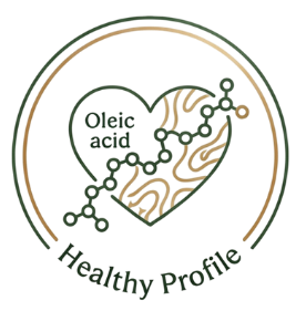 A heart-shaped design with a diagram of a healthy gut microbiome, including bacteria and gut lining, and the words 'Olive Oil' and 'Healthy Profile' surrounding it.